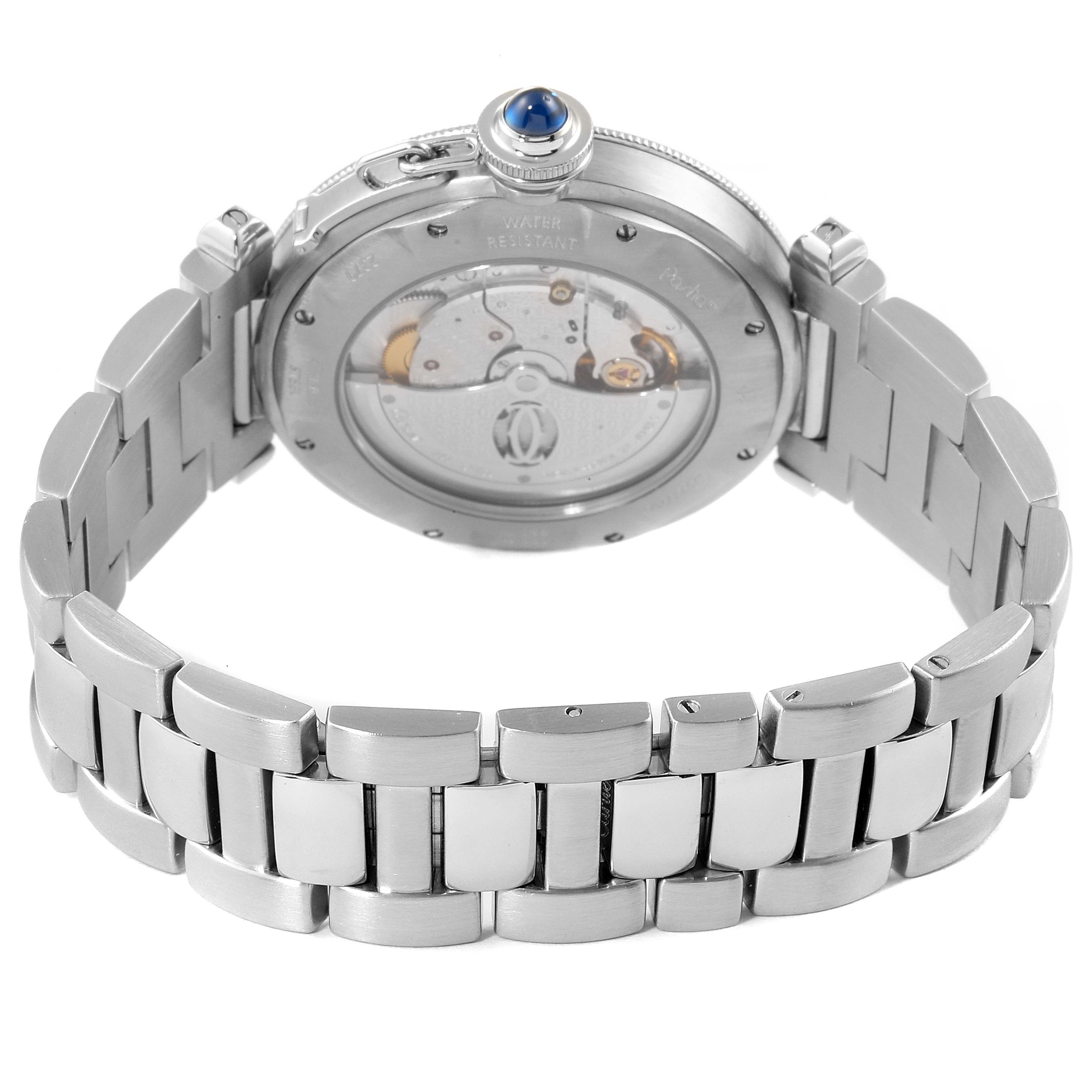This is a rear view of the Cartier Pasha W31059H3 Men
s Stainless Steel Silver Dial W31059H3 Men
s Stainless Steel Silver Dial watch, showcasing its back case and bracelet.