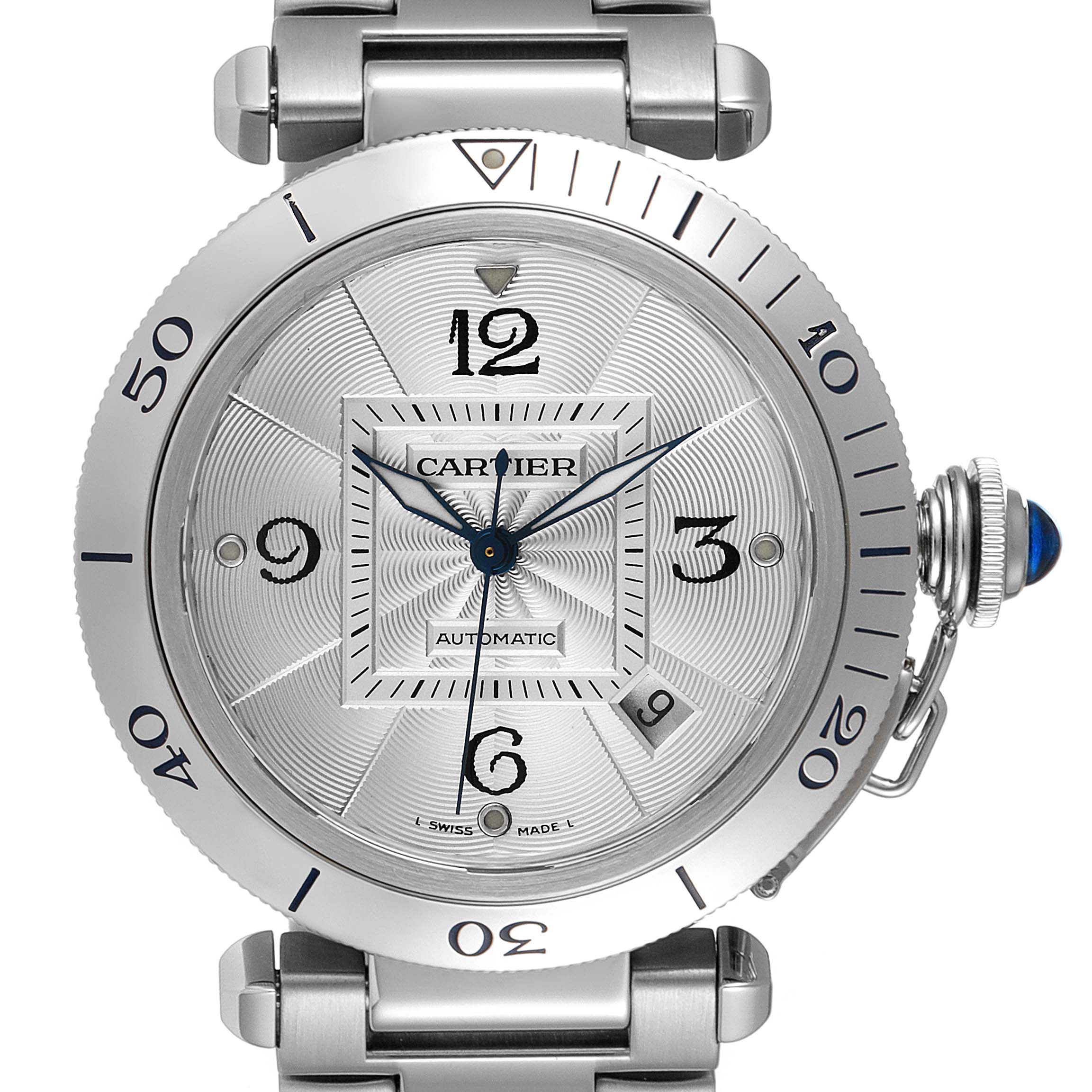 This image shows a front view of a Cartier Pasha W31059H3 Men
s Stainless Steel Silver Dial W31059H3 Men
s Stainless Steel Silver Dial watch, highlighting its dial, bezel, and metal bracelet.