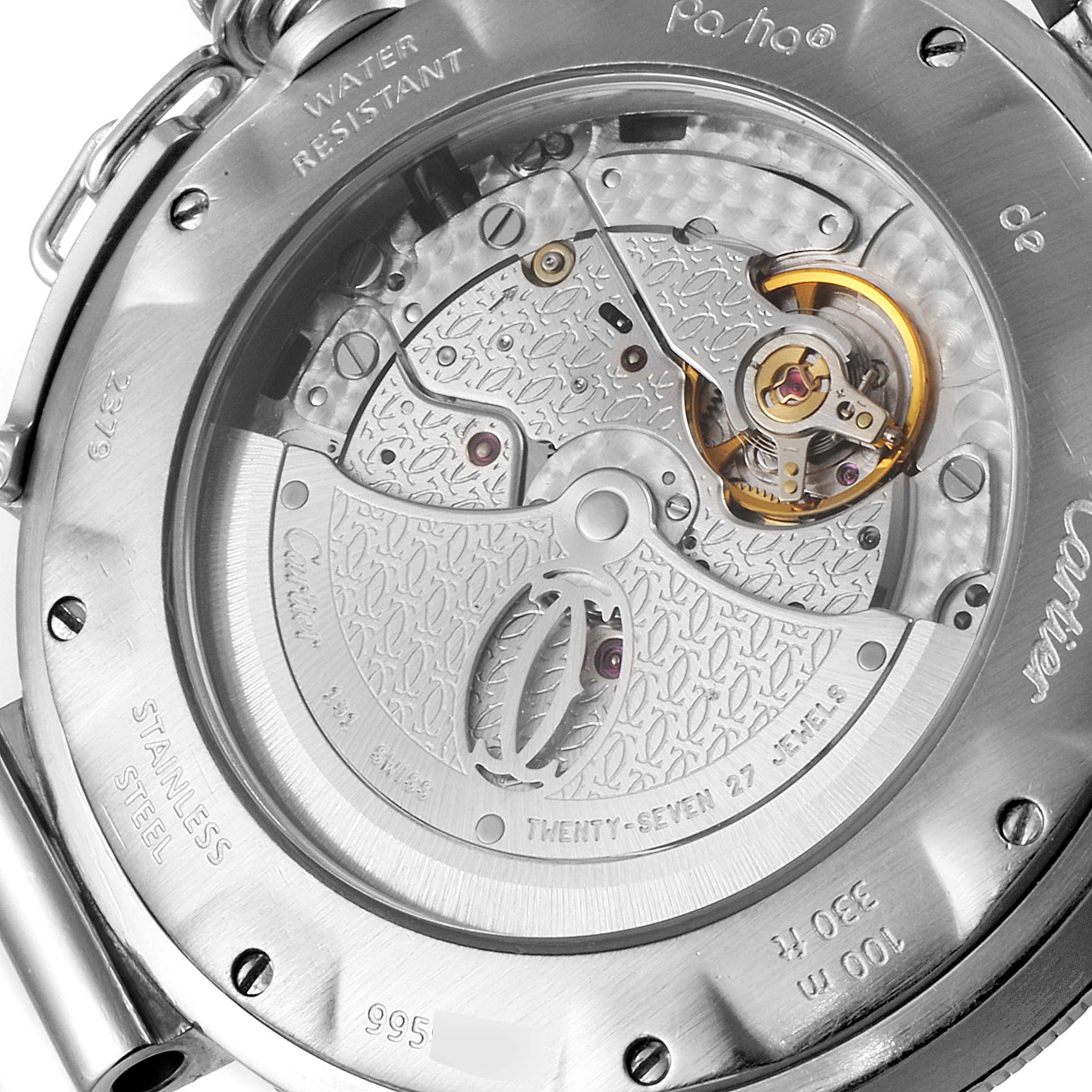 The image shows the back view of the Cartier Pasha W31059H3 Men
s Stainless Steel Silver Dial W31059H3 Men
s Stainless Steel Silver Dial watch, highlighting the movement and internal mechanisms.