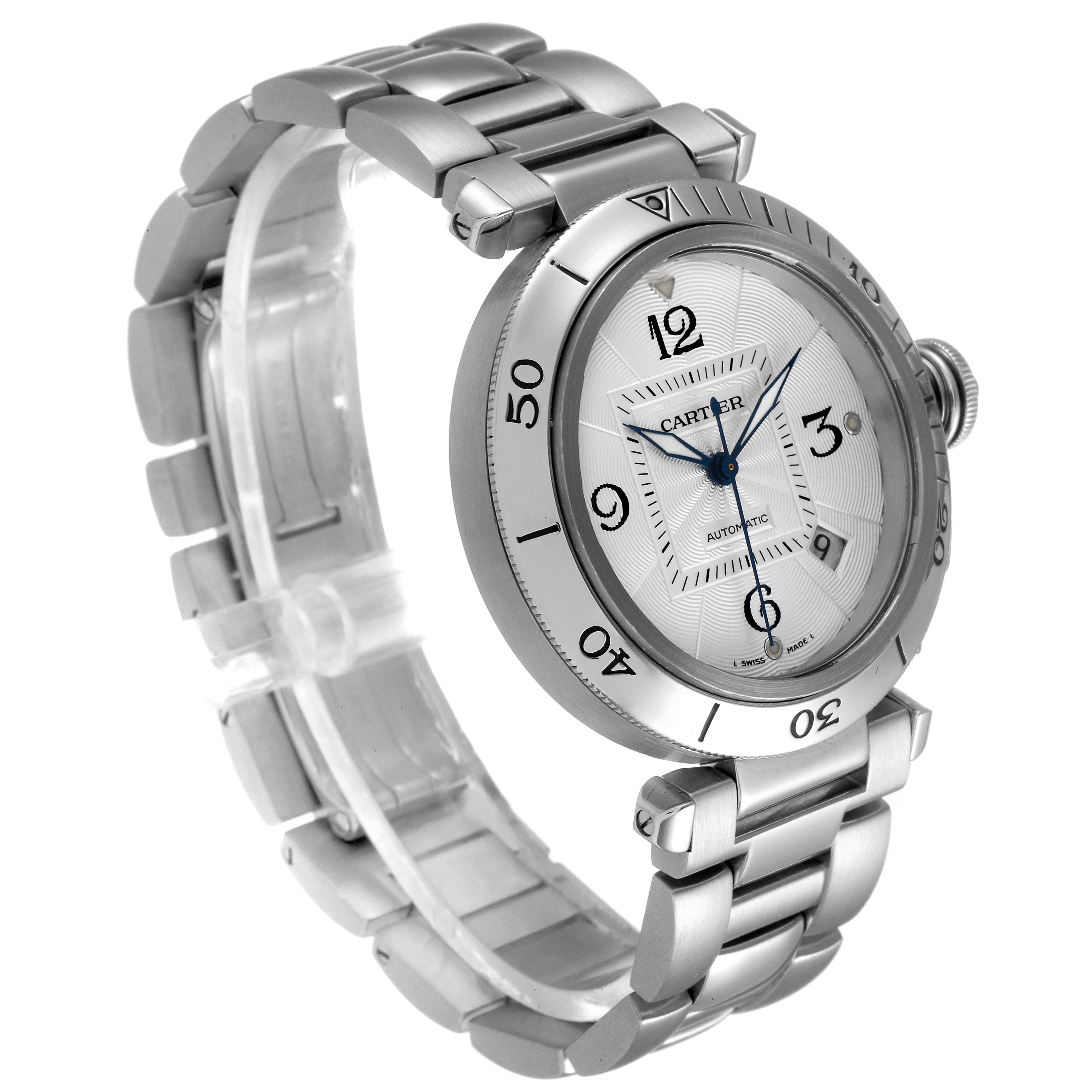 The image shows a side angle of the Cartier Pasha W31059H3 Men
s Stainless Steel Silver Dial W31059H3 Men
s Stainless Steel Silver Dial model watch, displaying its dial, bezel, and metal bracelet.