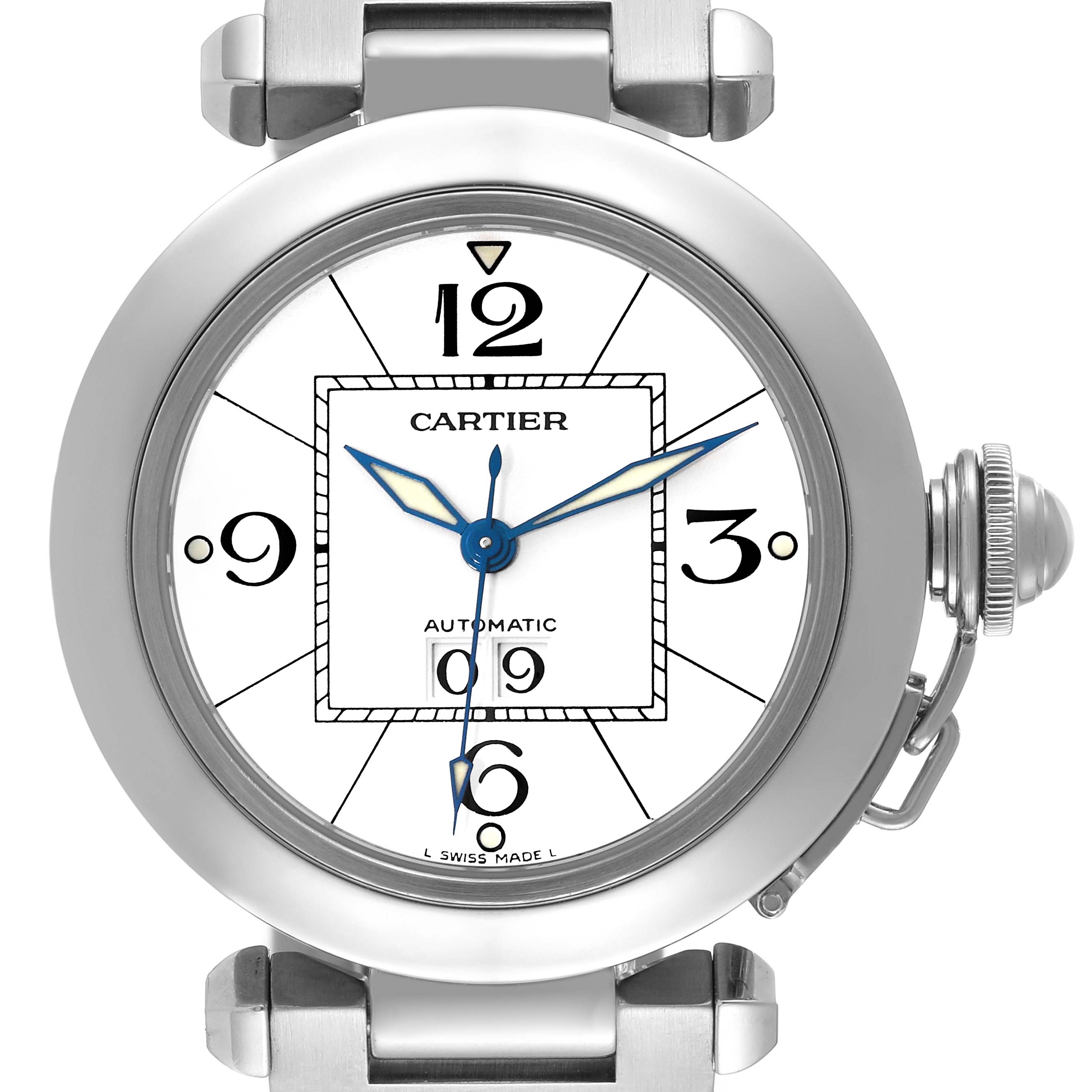 The image shows a front view of the Cartier Pasha W31055M7 Men's Stainless Steel Silver Dial W31055M7 Men's Stainless Steel Silver Dial watch, featuring its dial and crown.