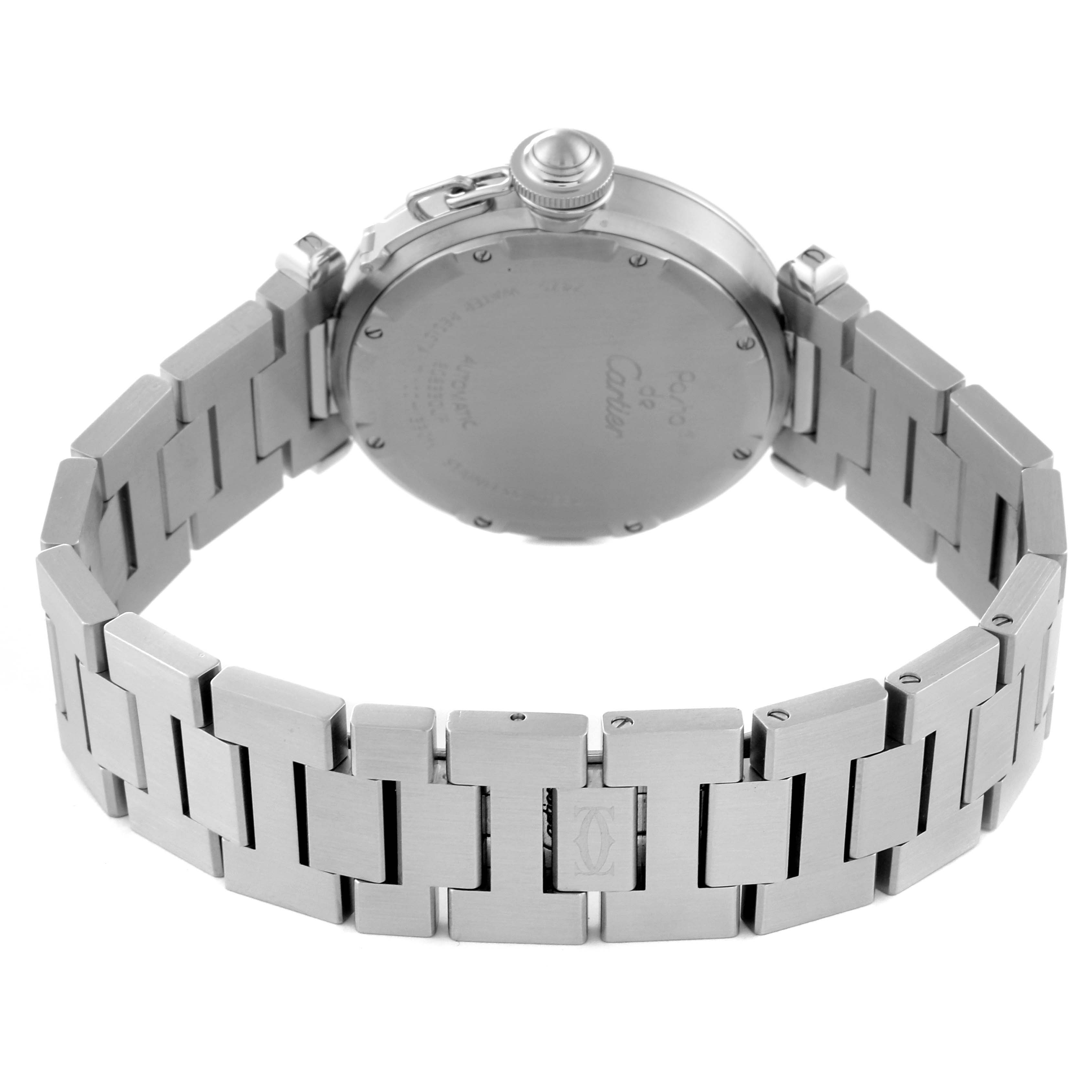 This image shows the back case and stainless steel bracelet of the Cartier Pasha W31055M7 Men's Stainless Steel Silver Dial W31055M7 Men's Stainless Steel Silver Dial watch, viewed from the rear angle.
