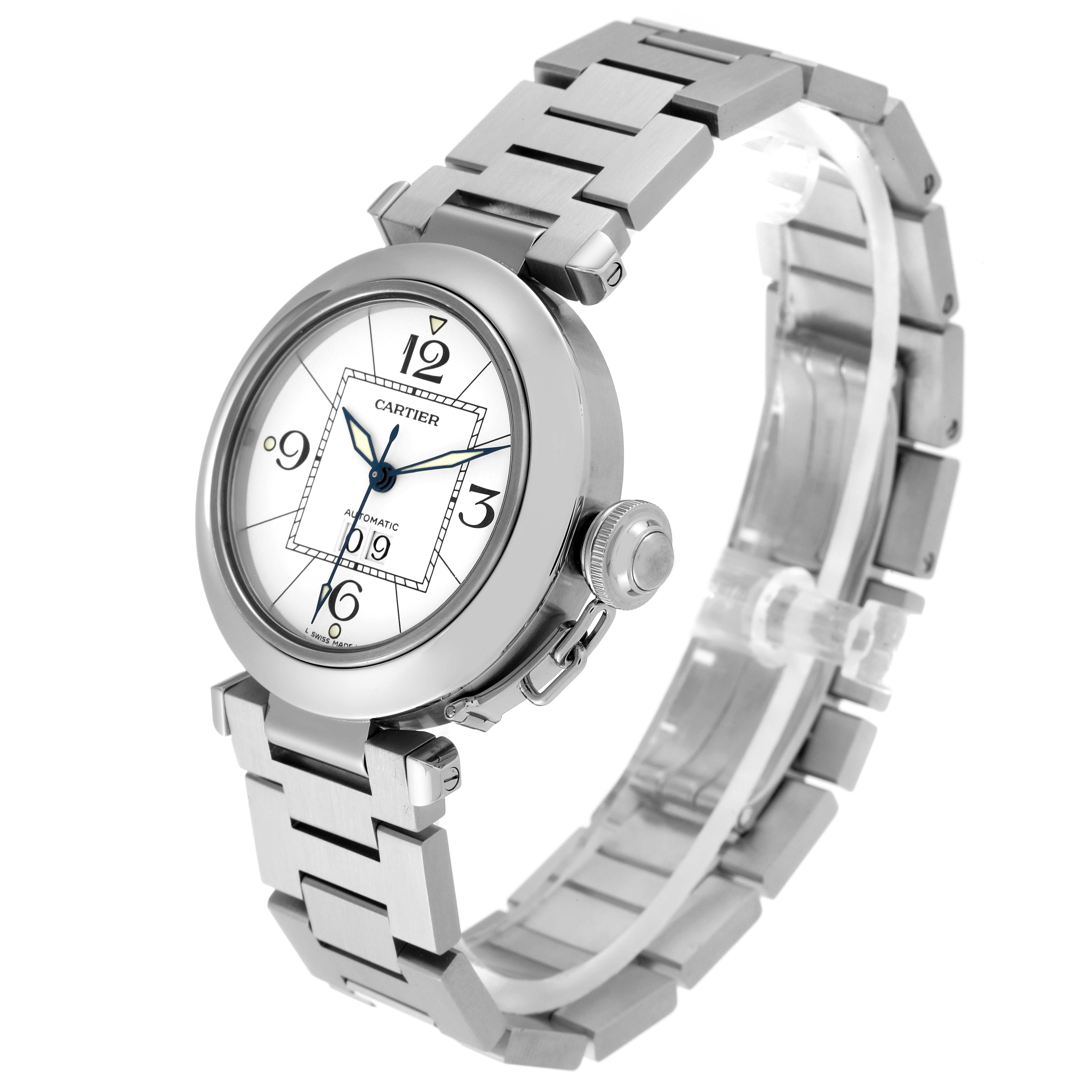 The Cartier Pasha W31055M7 Men's Stainless Steel Silver Dial W31055M7 Men's Stainless Steel Silver Dial watch is shown at an angle displaying its round face, crown, and metal bracelet.