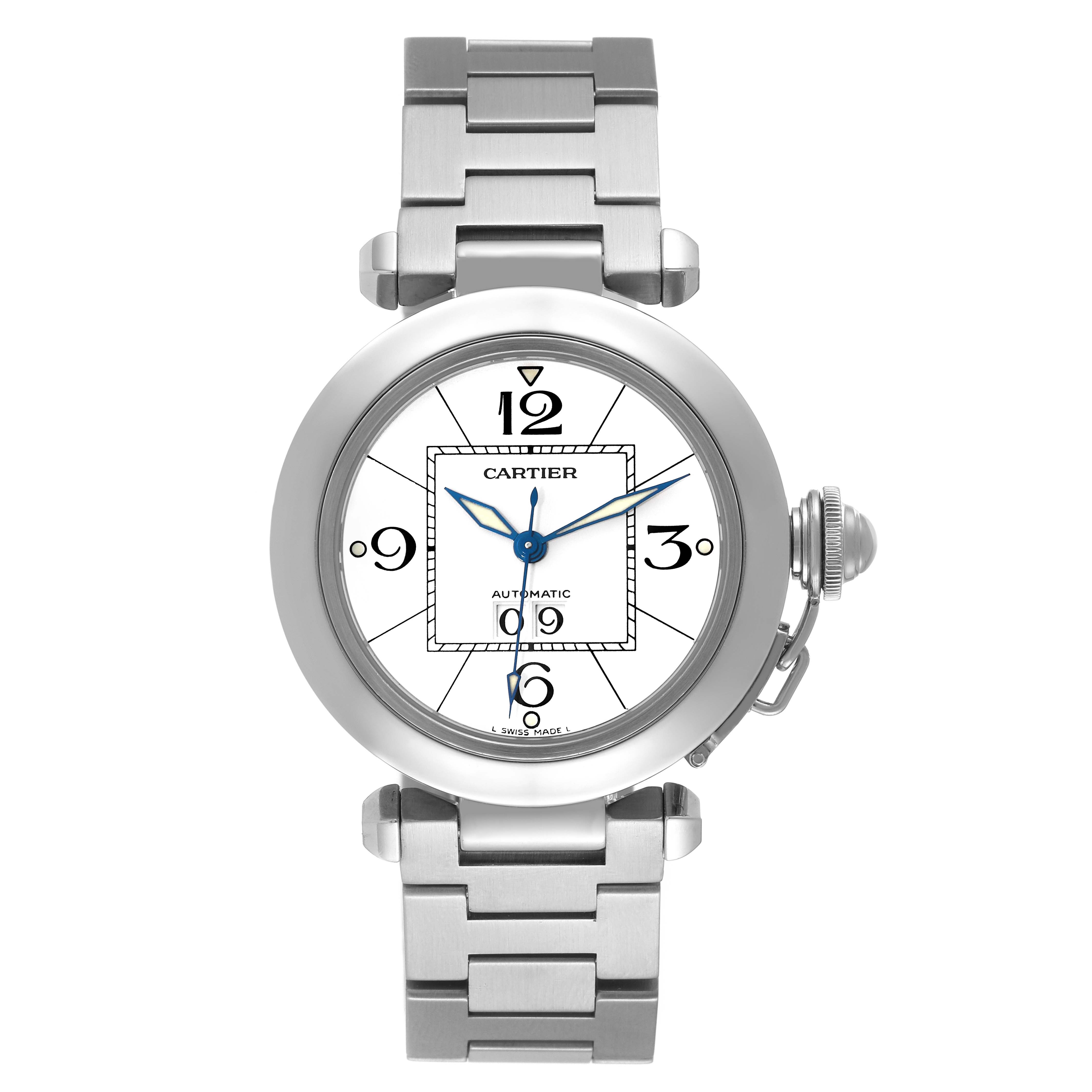 This is a front-facing view of the Cartier Pasha W31055M7 Men's Stainless Steel Silver Dial W31055M7 Men's Stainless Steel Silver Dial watch, showing the face, bezel, bracelet, and crown.