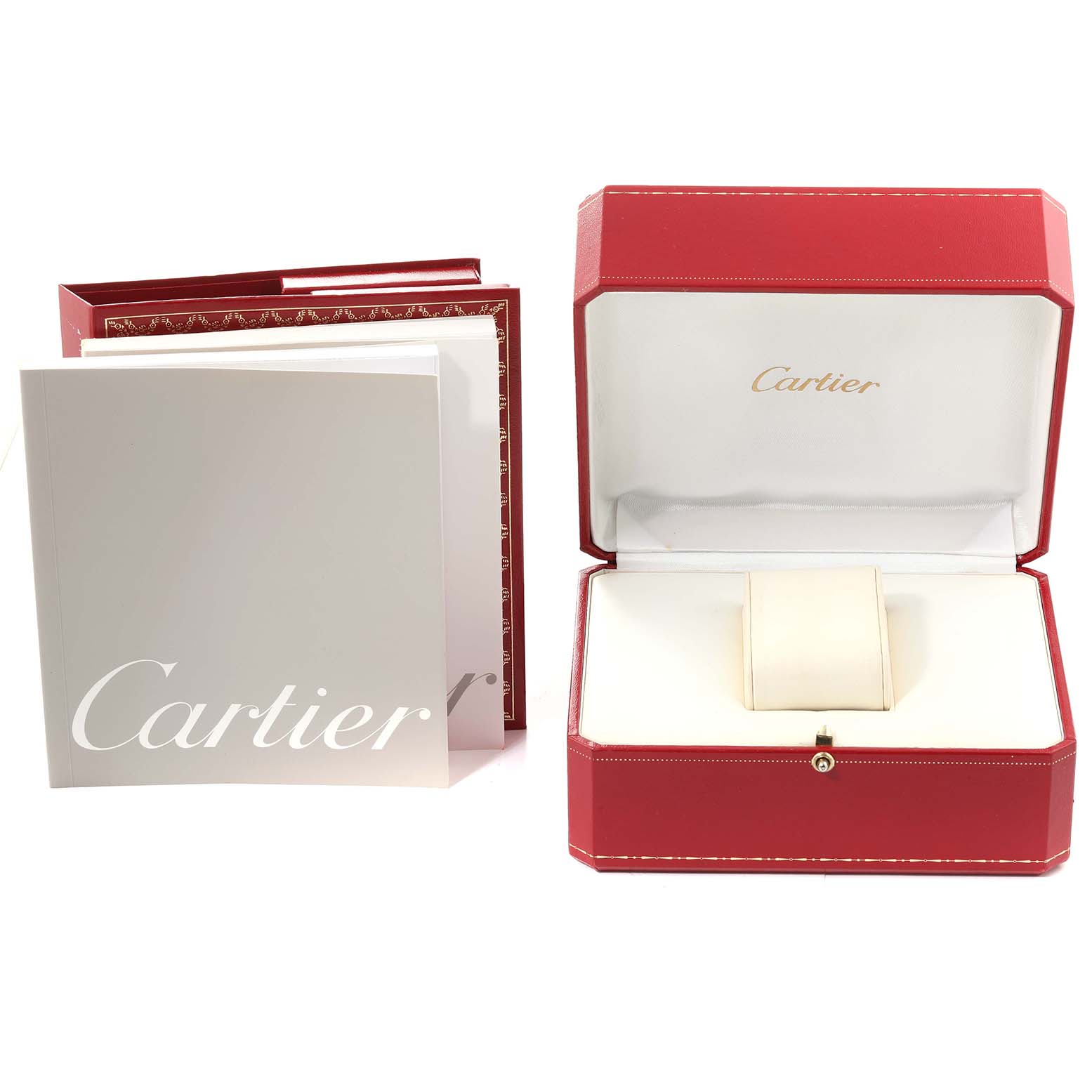 The image shows the open box and booklets of the Pasha model by Cartier.