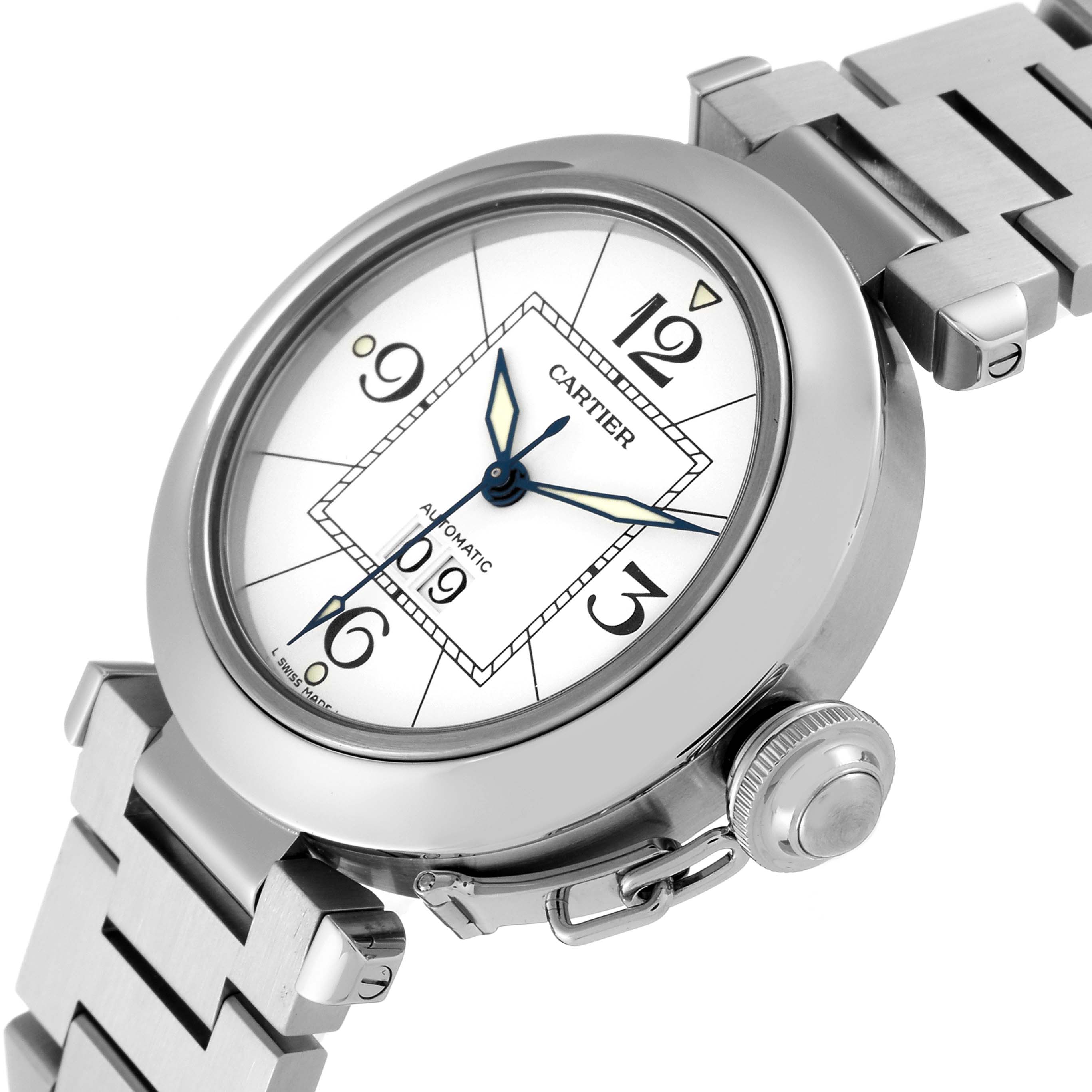 The image shows a Cartier Pasha W31055M7 Men's Stainless Steel Silver Dial W31055M7 Men's Stainless Steel Silver Dial watch at a slight angle, highlighting the dial, crown, and part of the bracelet.