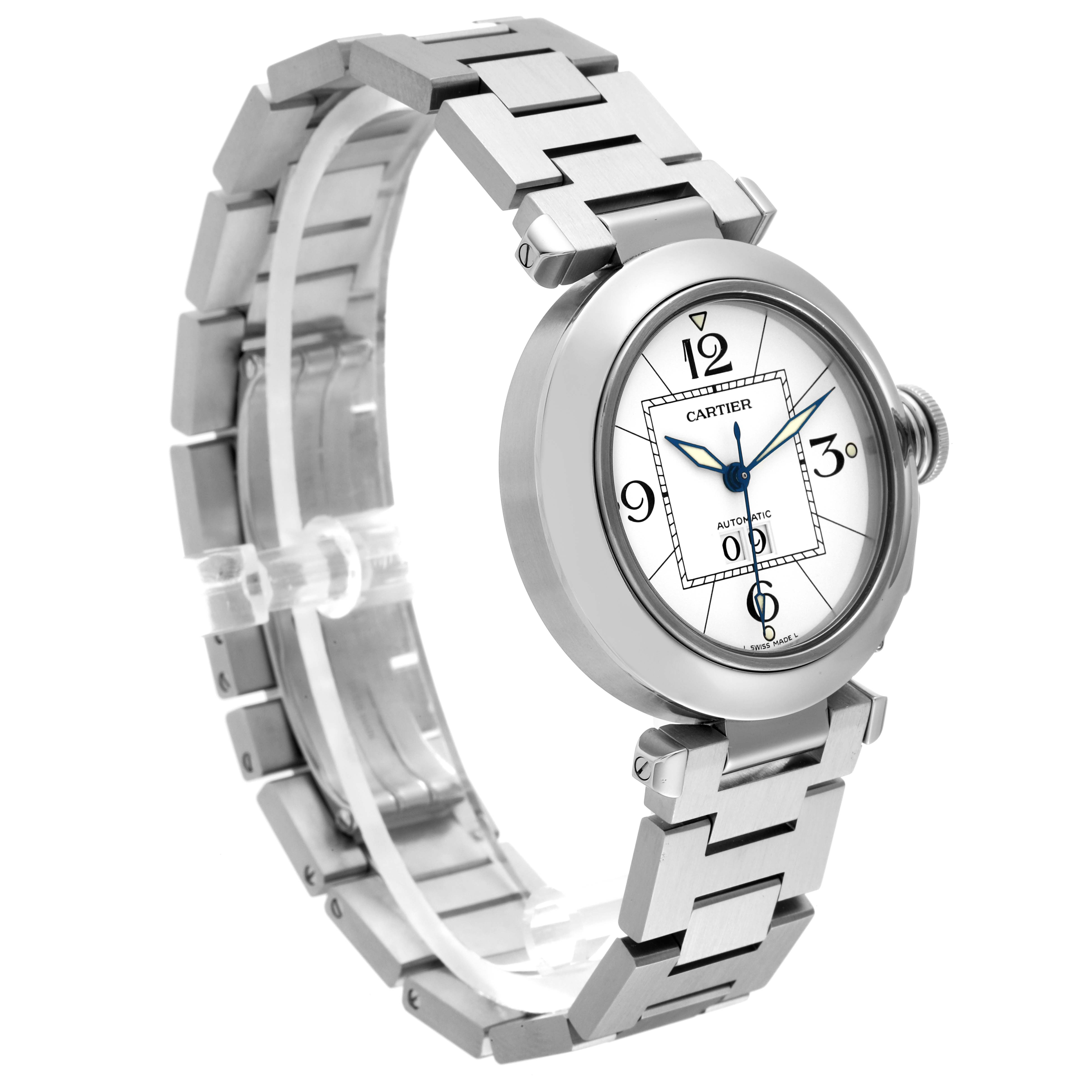 The Cartier Pasha W31055M7 Men's Stainless Steel Silver Dial W31055M7 Men's Stainless Steel Silver Dial watch is shown at a 3/4 angle, highlighting its round face, blue hands, crown, and stainless steel bracelet.