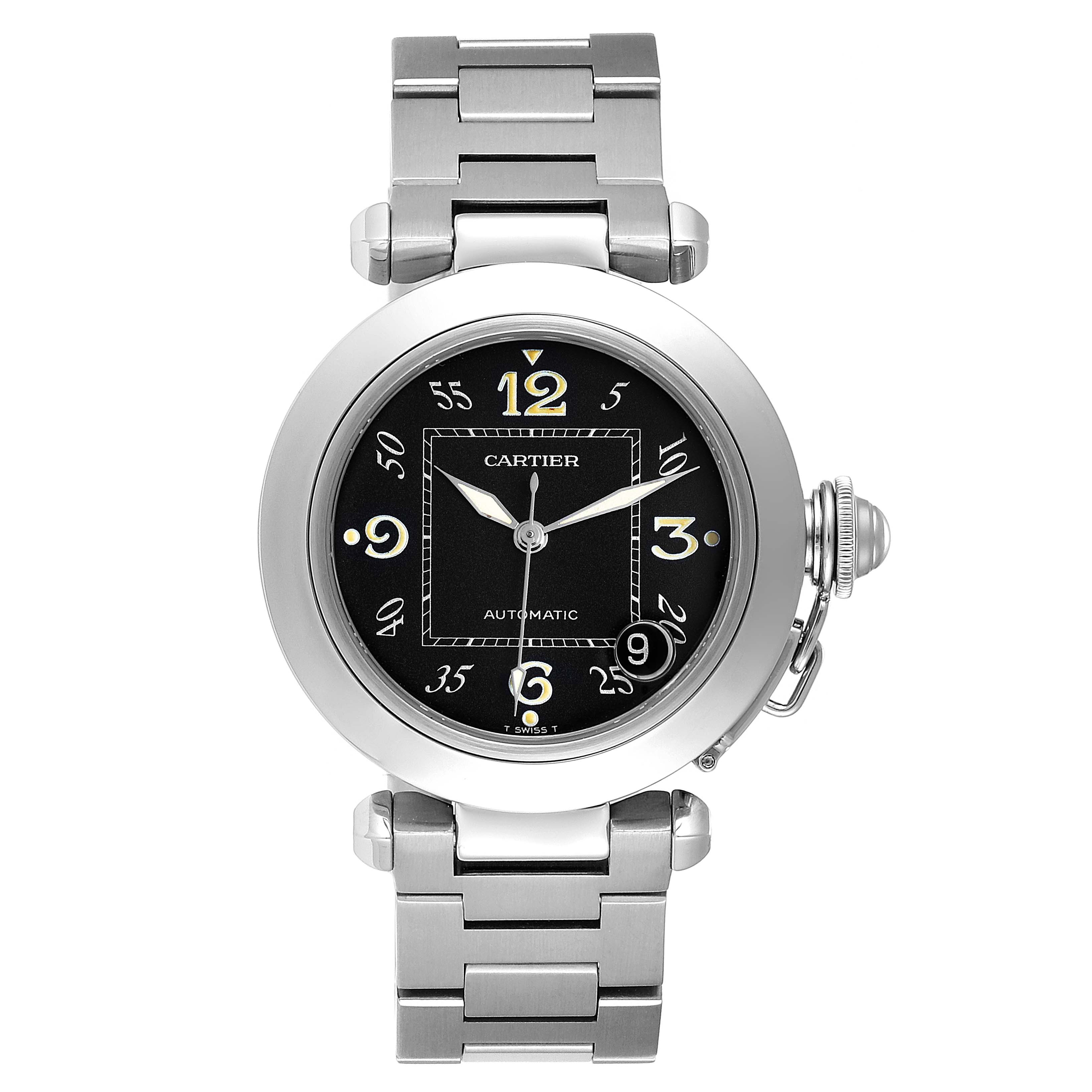 The image shows a front view of a Cartier Pasha W31043M7 Men's Stainless Steel Black Dial W31043M7 Men's Stainless Steel Black Dial watch, displaying the face, bezel, bracelet, and crown.