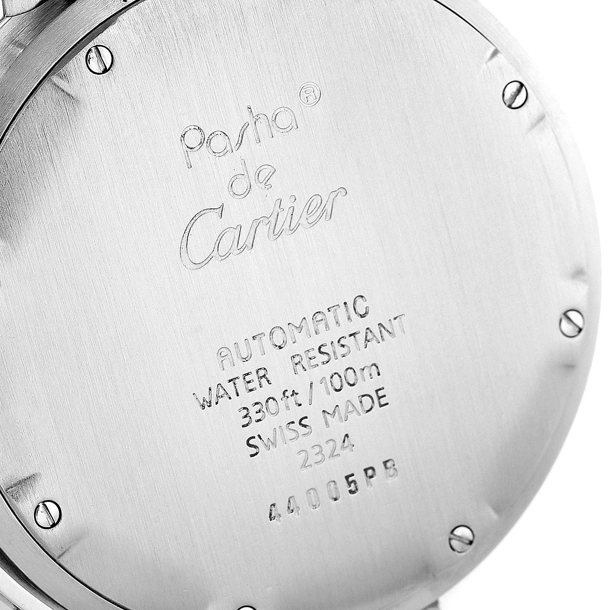 This image shows the back case of a Cartier Pasha W31043M7 Men's Stainless Steel Black Dial W31043M7 Men's Stainless Steel Black Dial watch from a close-up angle, detailing its specifications.