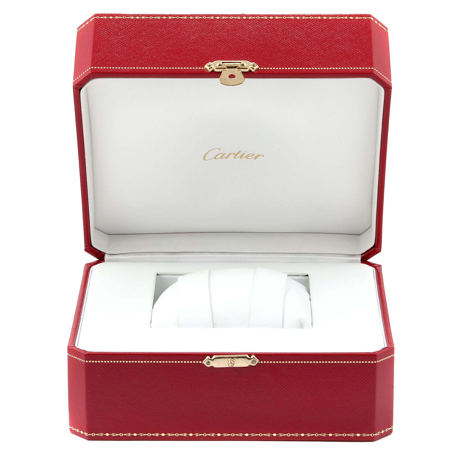 The image shows an open Cartier watch box at an angle, designed for the Pasha model.