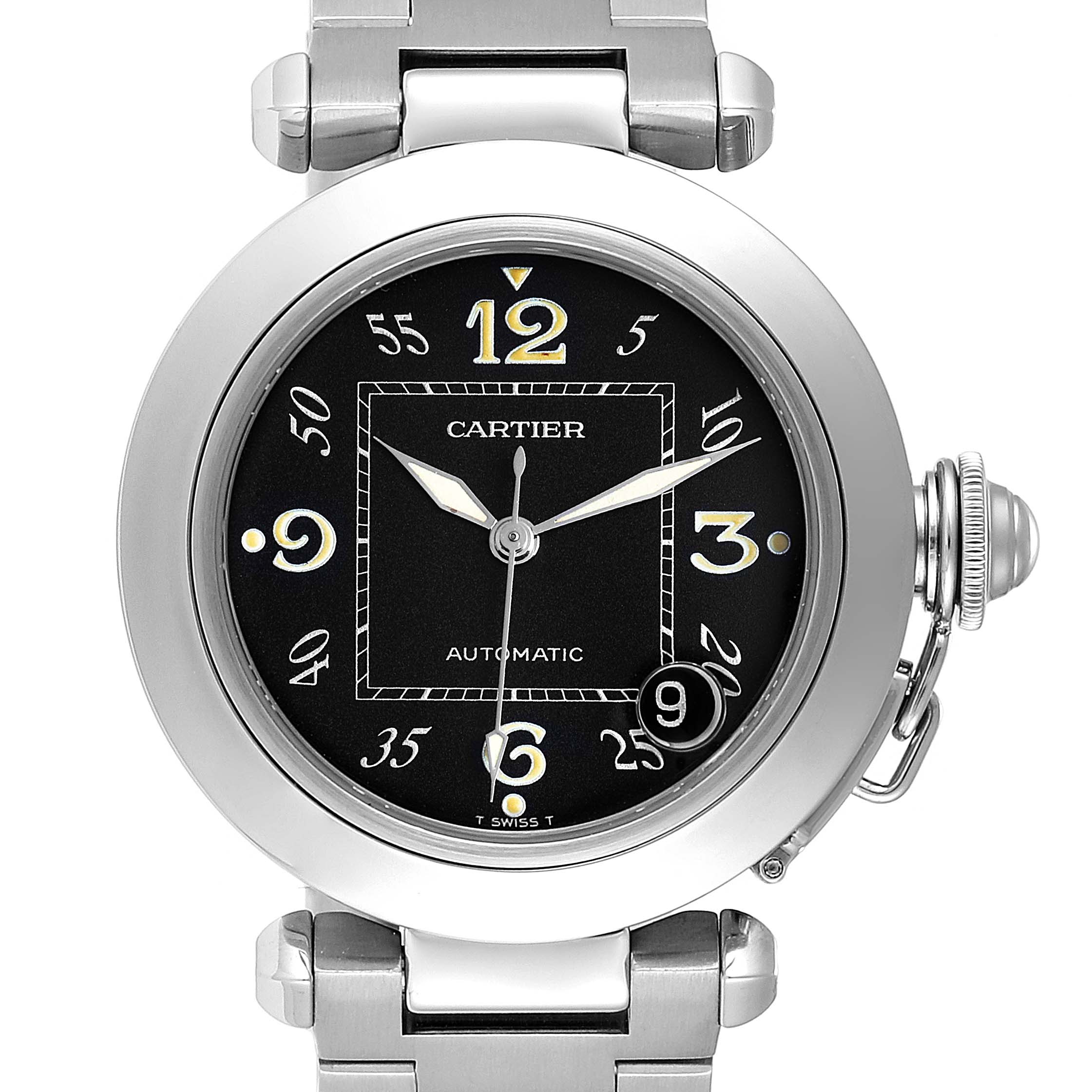 The image shows a front view of a Pasha de Cartier watch, highlighting its black dial and silver bracelet.