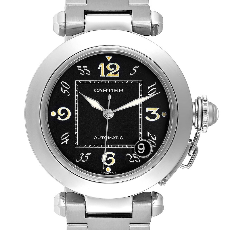 Cartier Pasha C Midsize 35mm Black Dial Steel Mens Watch W31043M7 SwissWatchExpo