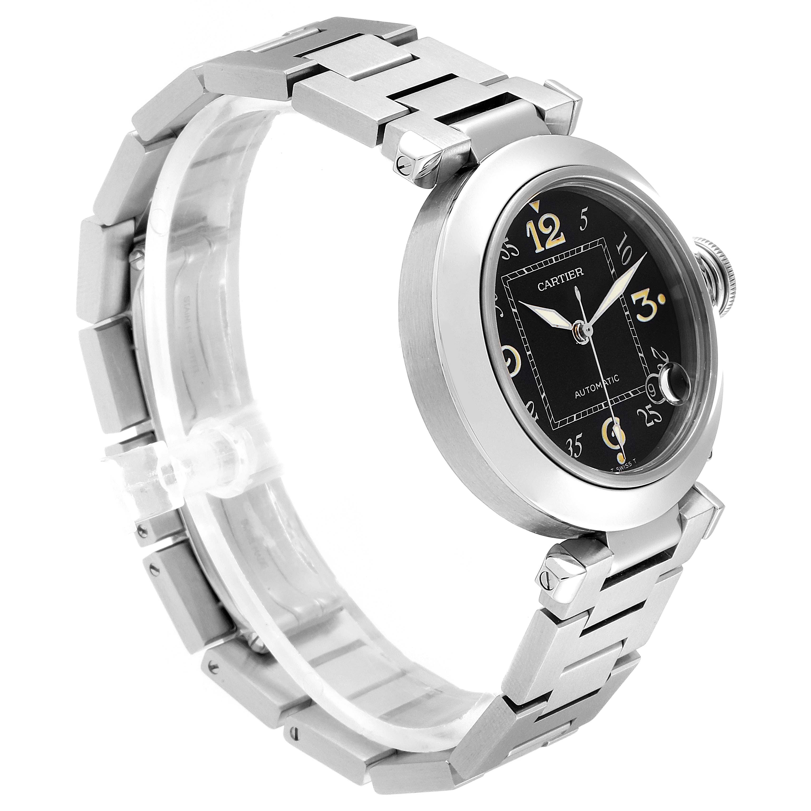 The image shows a Cartier Pasha W31043M7 Men's Stainless Steel Black Dial W31043M7 Men's Stainless Steel Black Dial model watch from a side angle, highlighting the face and stainless-steel bracelet.