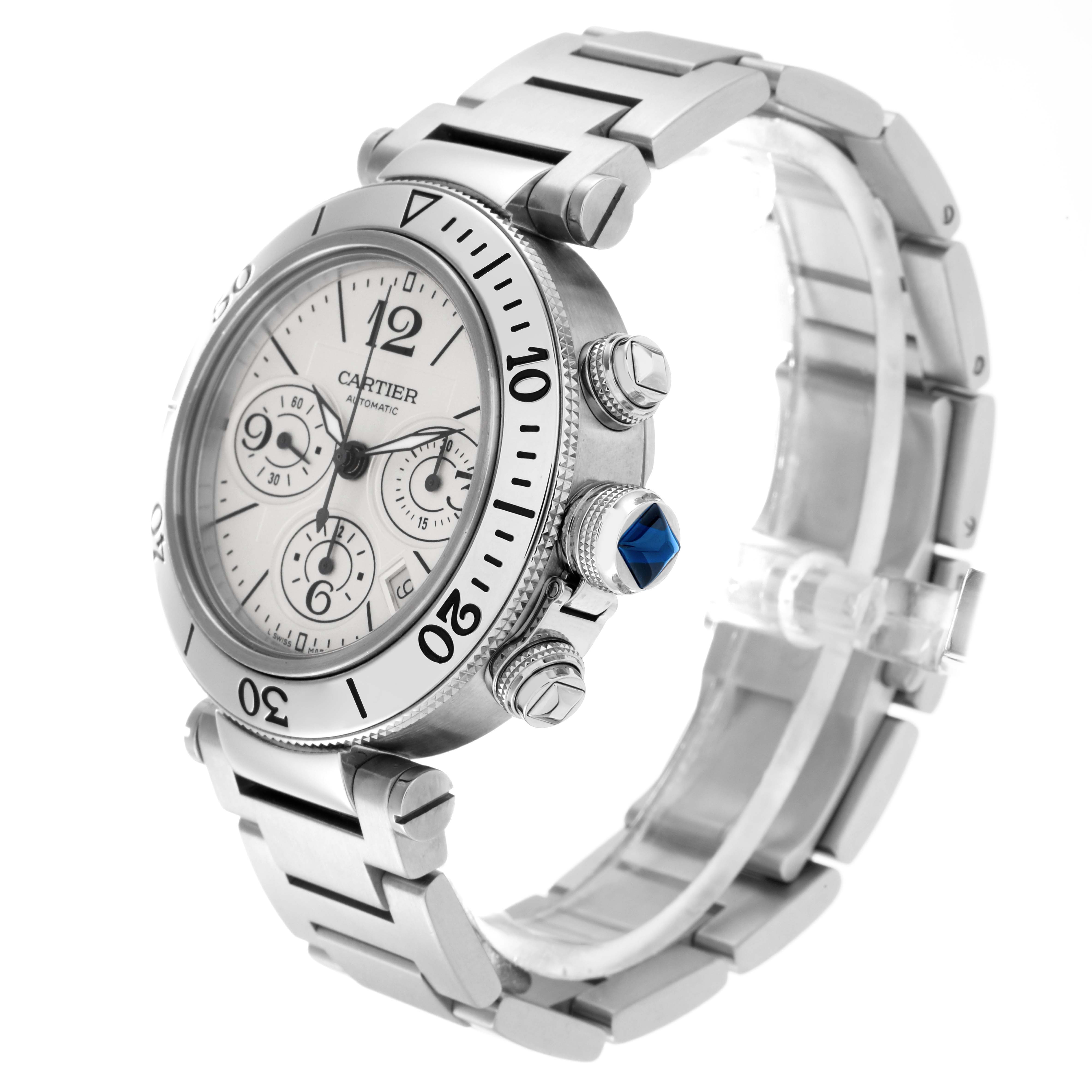 The Cartier Pasha W31089M7 Men
s Stainless Steel Silver Dial W31089M7 Men
s Stainless Steel Silver Dial watch is shown at a three-quarter angle, highlighting its bracelet, bezel, crown with a blue stone, and subdials.