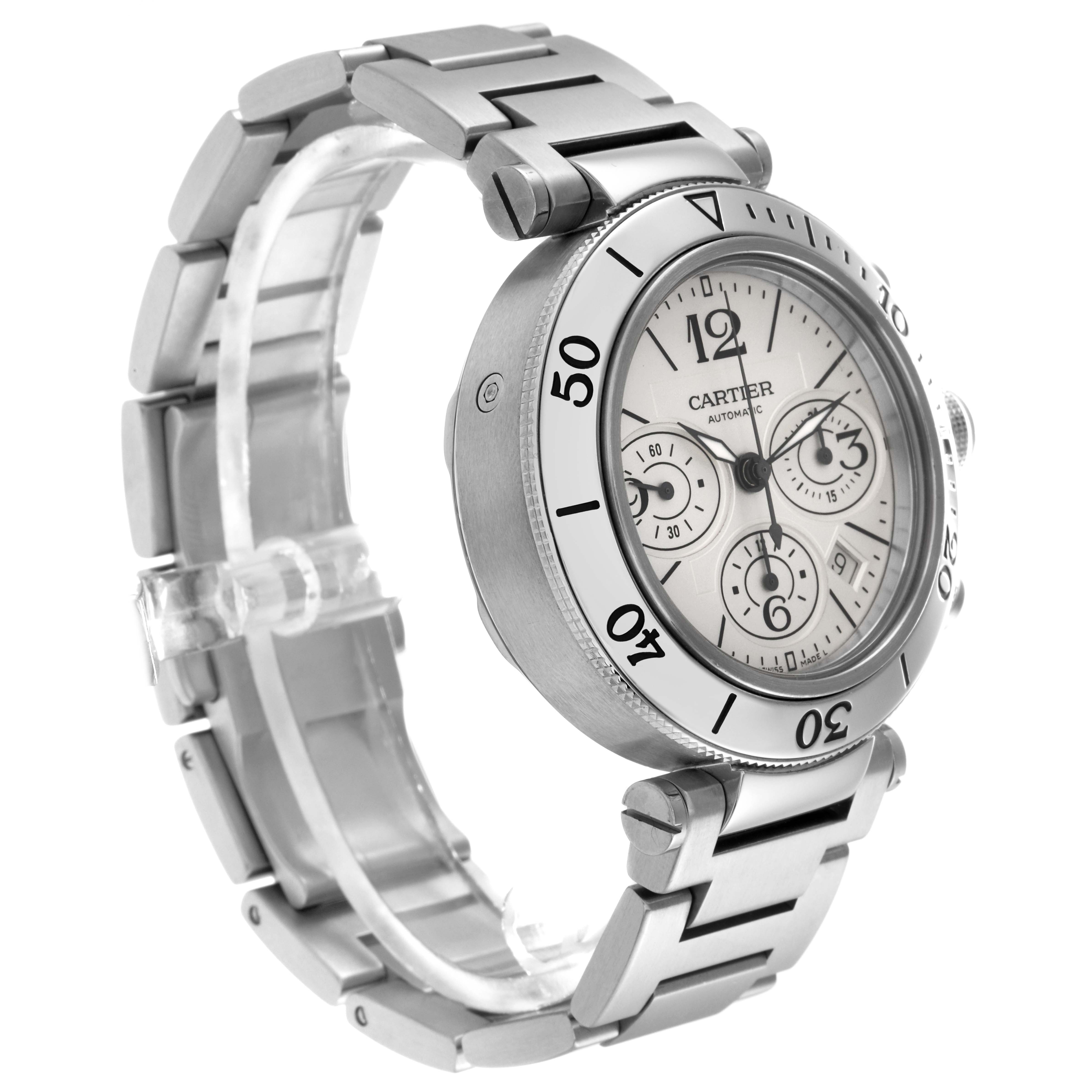 The Cartier Pasha W31089M7 Men
s Stainless Steel Silver Dial W31089M7 Men
s Stainless Steel Silver Dial watch is shown at a three-quarter angle, highlighting the face, bezel, and stainless steel bracelet.