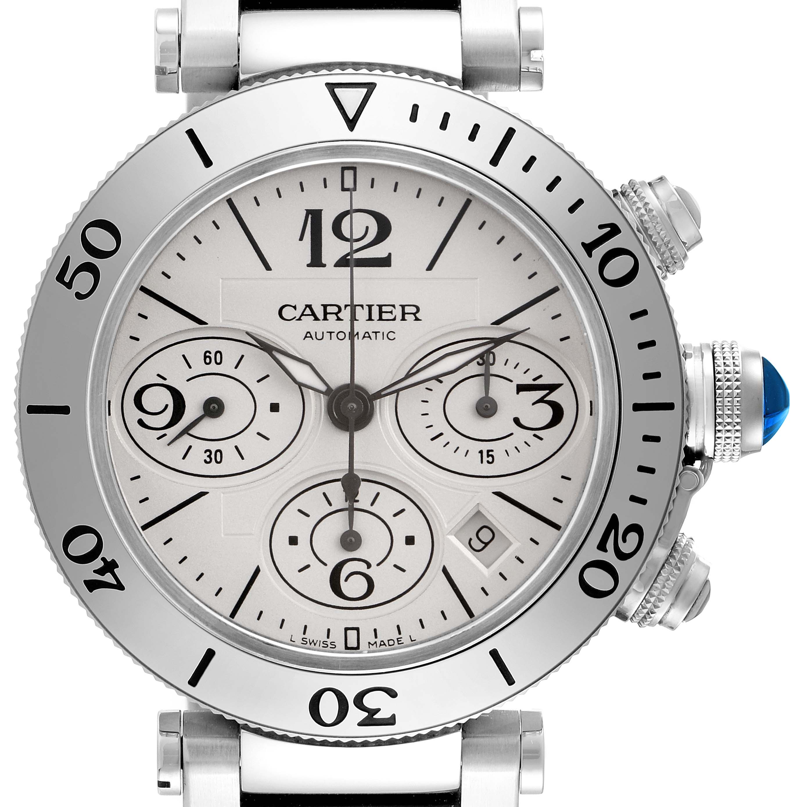 The Cartier Pasha W31089M7 Men
s Stainless Steel Silver Dial W31089M7 Men
s Stainless Steel Silver Dial watch is shown face-on, highlighting the bezel, dial, subdials, and blue cabochon crown.