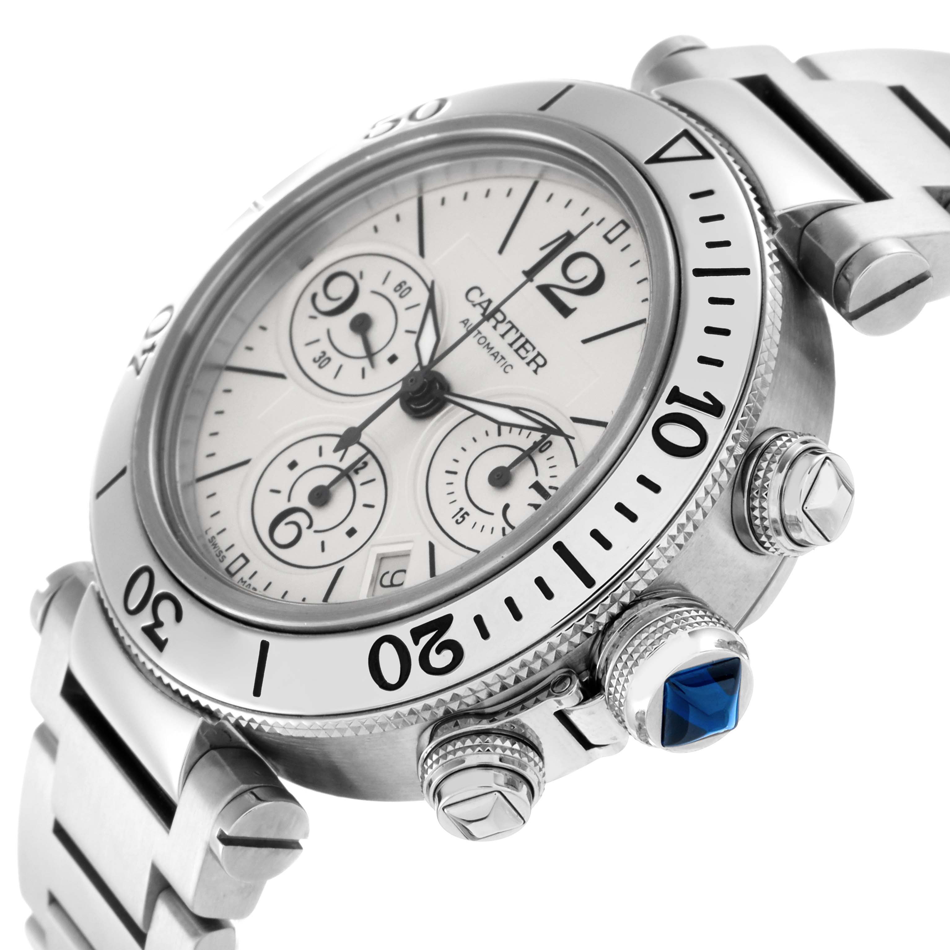 The Cartier Pasha W31089M7 Men
s Stainless Steel Silver Dial W31089M7 Men
s Stainless Steel Silver Dial watch is shown from a side angle, highlighting the bezel, crown, and subdials.