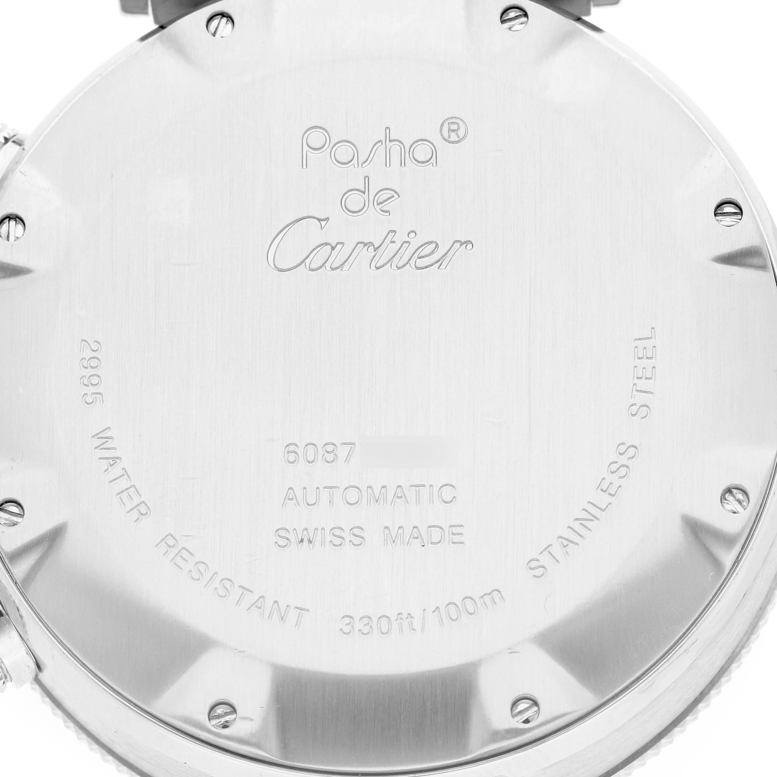 The image shows the back of a Cartier Pasha W31089M7 Men
s Stainless Steel Silver Dial W31089M7 Men
s Stainless Steel Silver Dial watch, highlighting details like water resistance and stainless steel material.