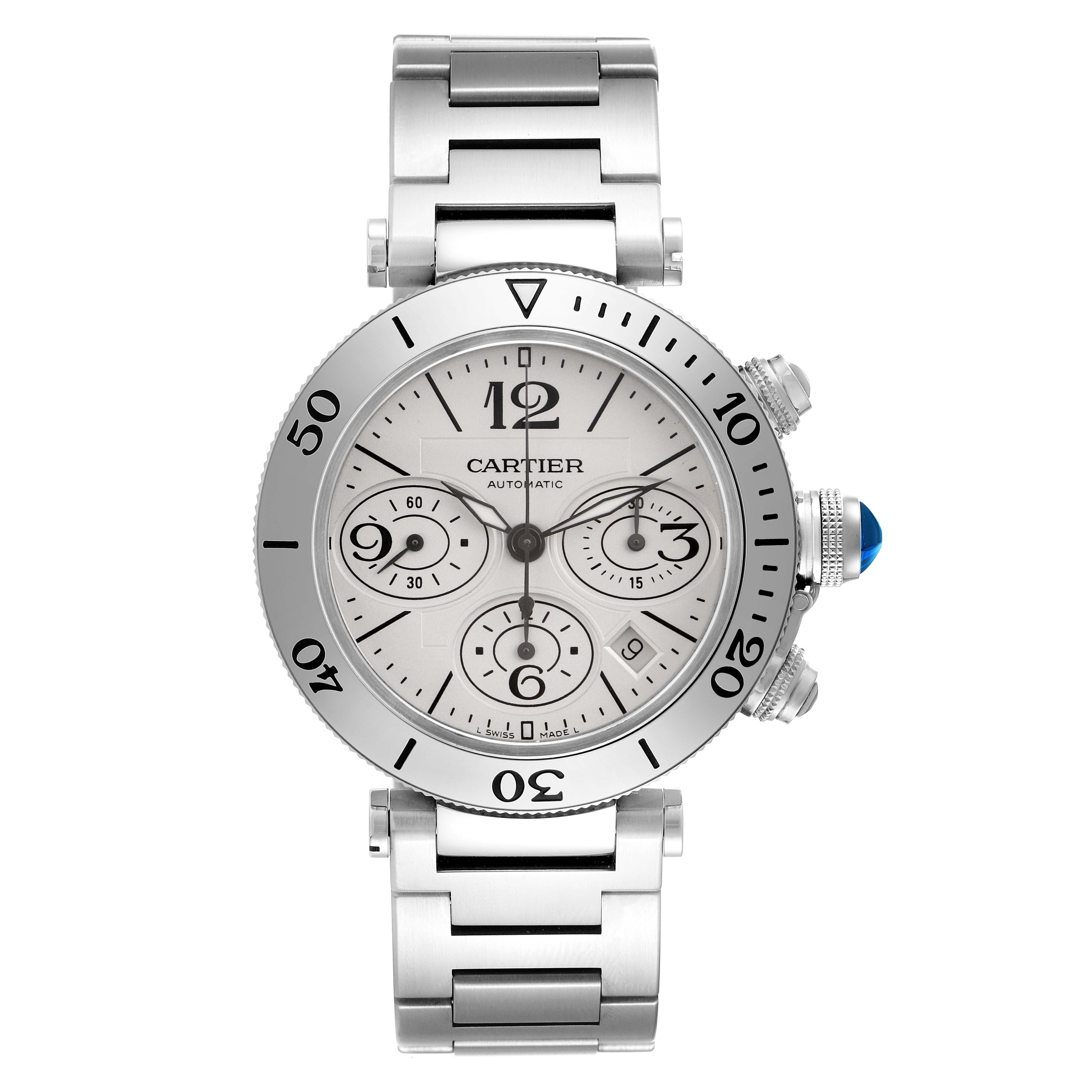 The Cartier Pasha W31089M7 Men
s Stainless Steel Silver Dial W31089M7 Men
s Stainless Steel Silver Dial watch is shown from a front angle, displaying the dial, bezel, and metal bracelet.