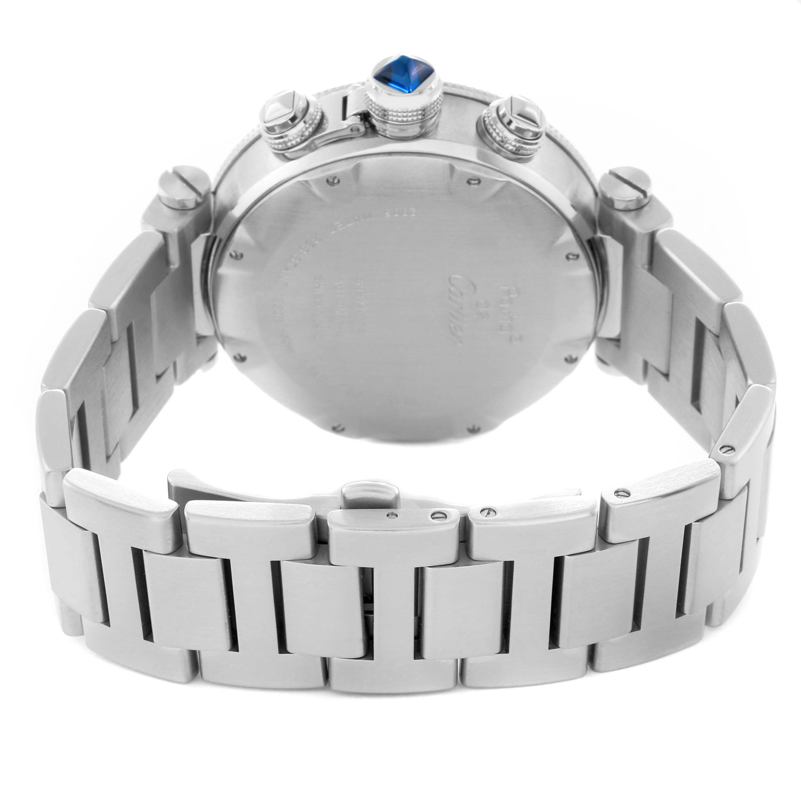 The image shows the case back, crown, and bracelet of a Cartier Pasha W31089M7 Men
s Stainless Steel Silver Dial W31089M7 Men
s Stainless Steel Silver Dial watch from the rear angle.