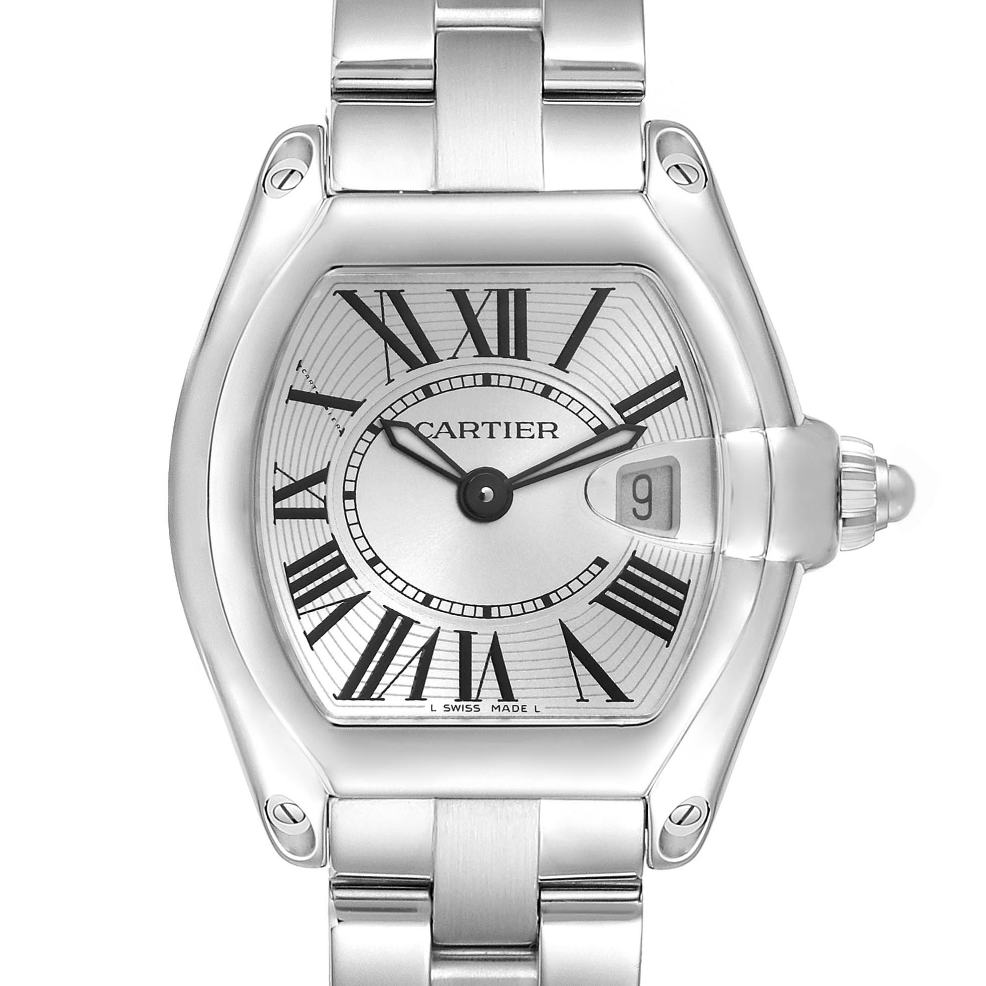 The image shows a front view of a Cartier Roadster W62016V3 Women
s Stainless Steel Silver Dial W62016V3 Women
s Stainless Steel Silver Dial watch, highlighting the dial, case, crown, and part of the bracelet.