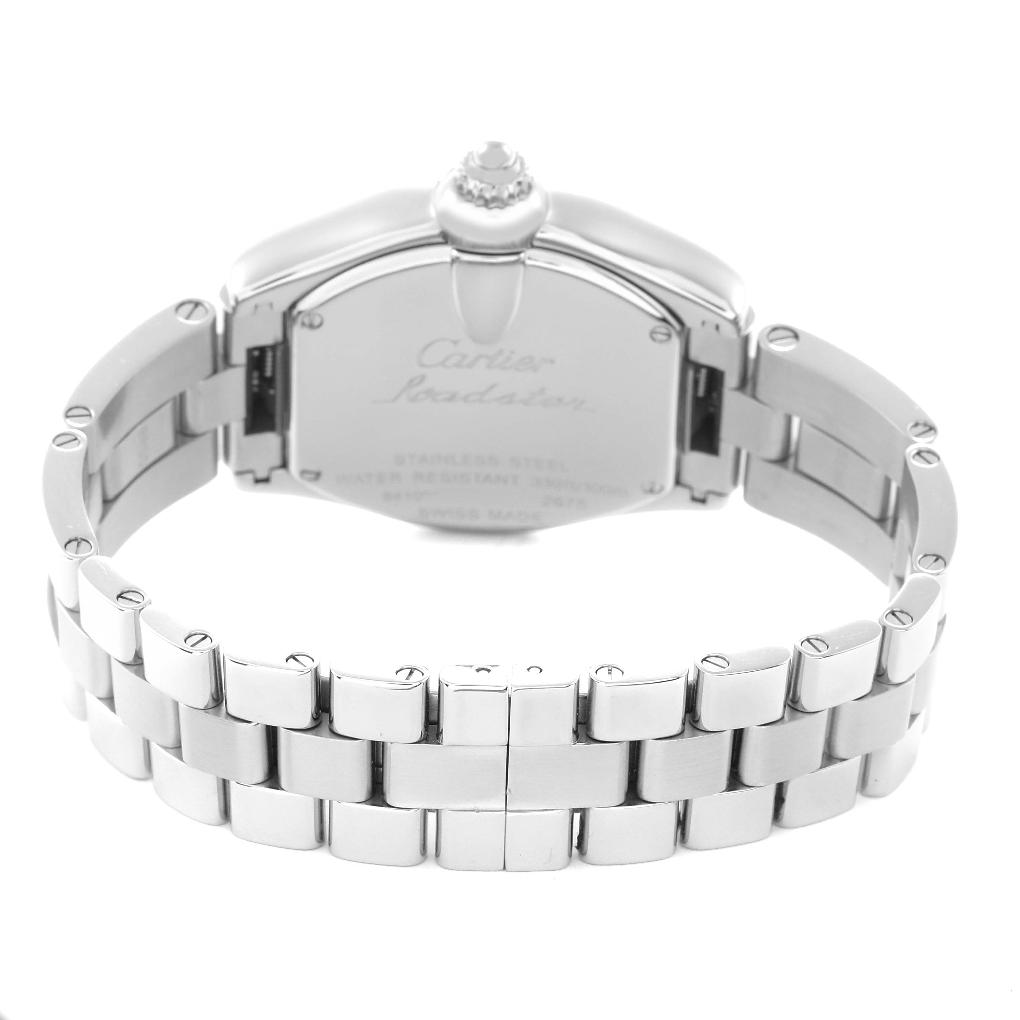 The image shows the back view of a Cartier Roadster W62016V3 Women
s Stainless Steel Silver Dial W62016V3 Women
s Stainless Steel Silver Dial watch, focusing on the metal bracelet and case back.