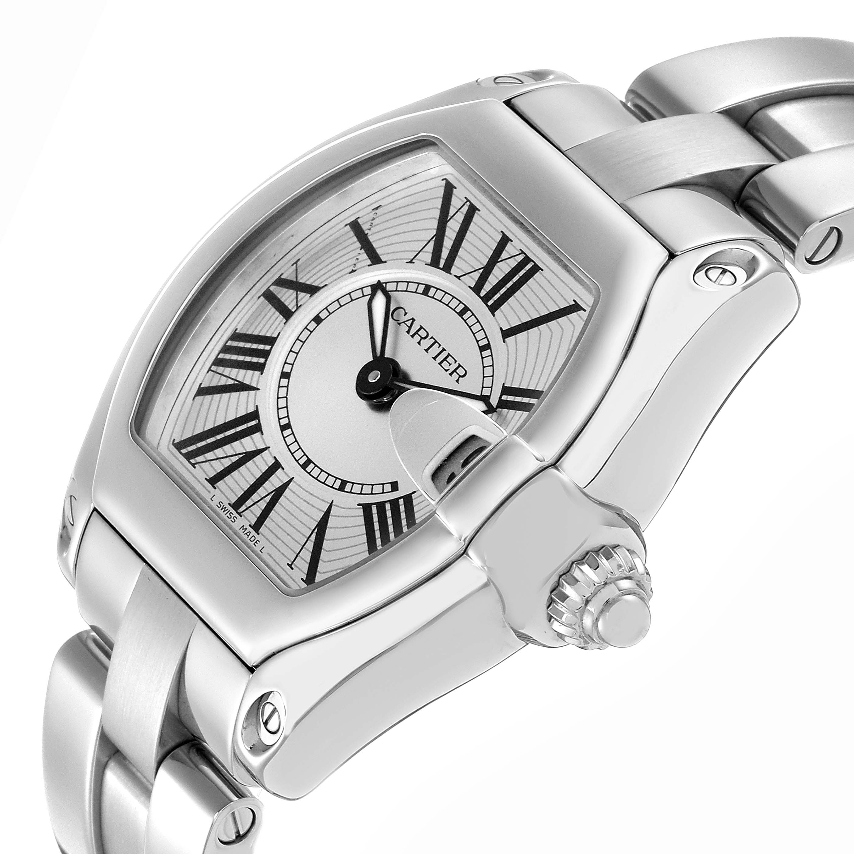 The Cartier Roadster W62016V3 Women
s Stainless Steel Silver Dial W62016V3 Women
s Stainless Steel Silver Dial watch is shown at an angle highlighting the watch face, crown, and part of the bracelet.