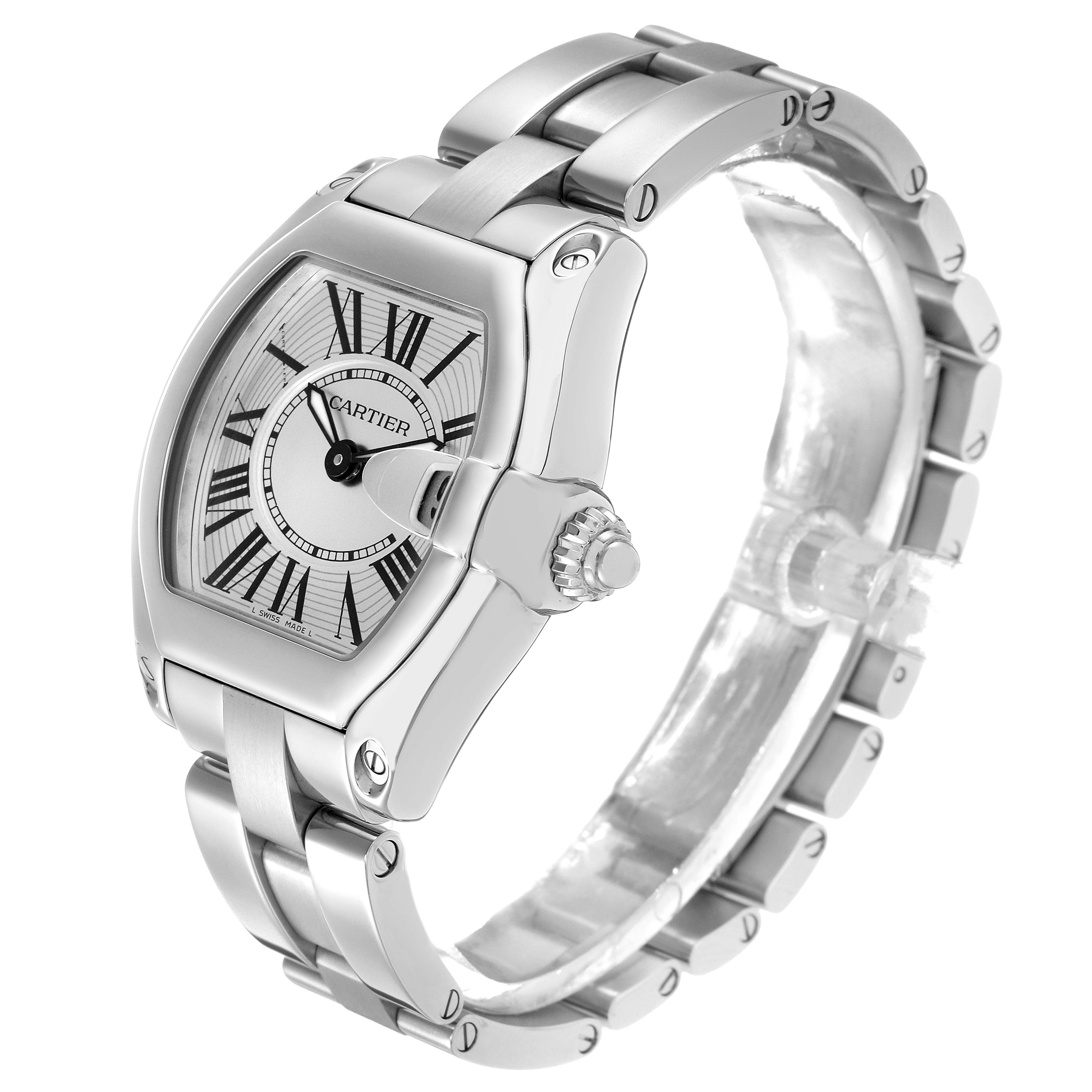 The Cartier Roadster W62016V3 Women
s Stainless Steel Silver Dial W62016V3 Women
s Stainless Steel Silver Dial watch is shown at an angle highlighting the face, bezel, crown, and bracelet.
