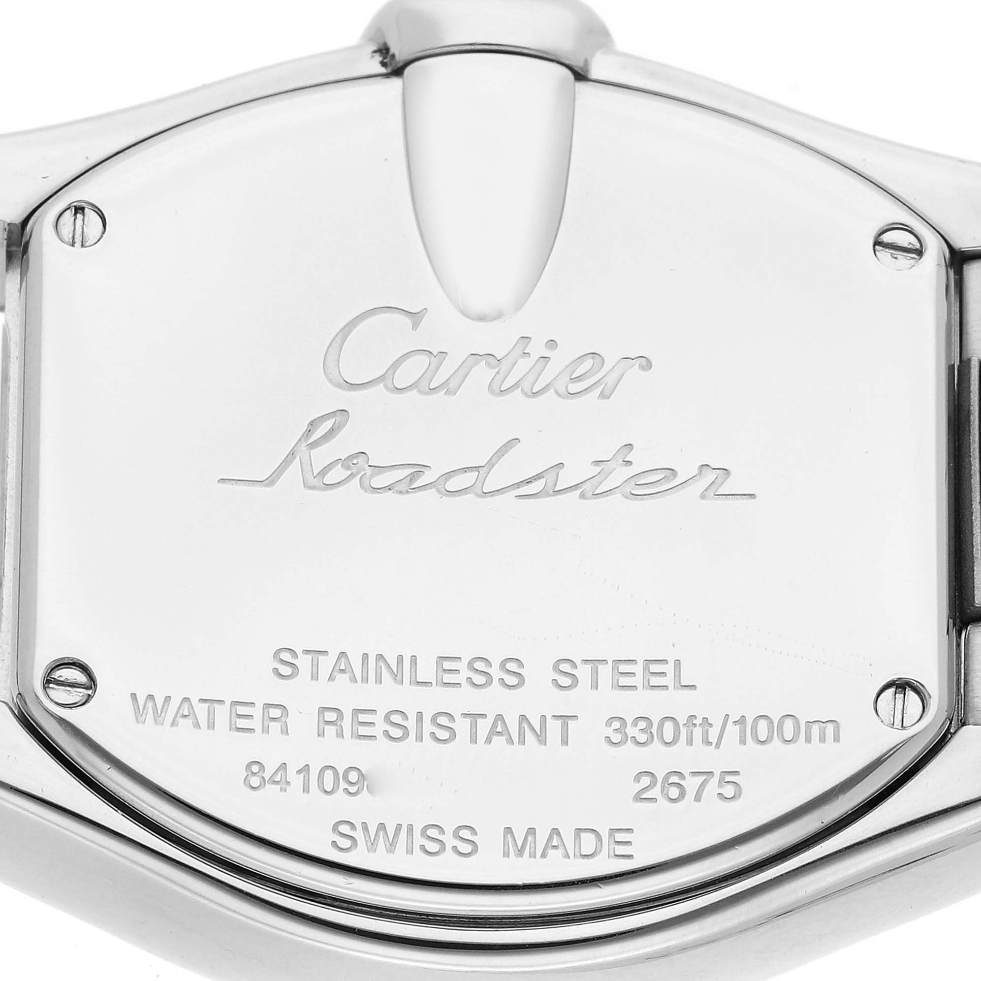 The image shows the stainless steel back of a Cartier Roadster W62016V3 Women
s Stainless Steel Silver Dial W62016V3 Women
s Stainless Steel Silver Dial watch with engravings detailing model and specifications.