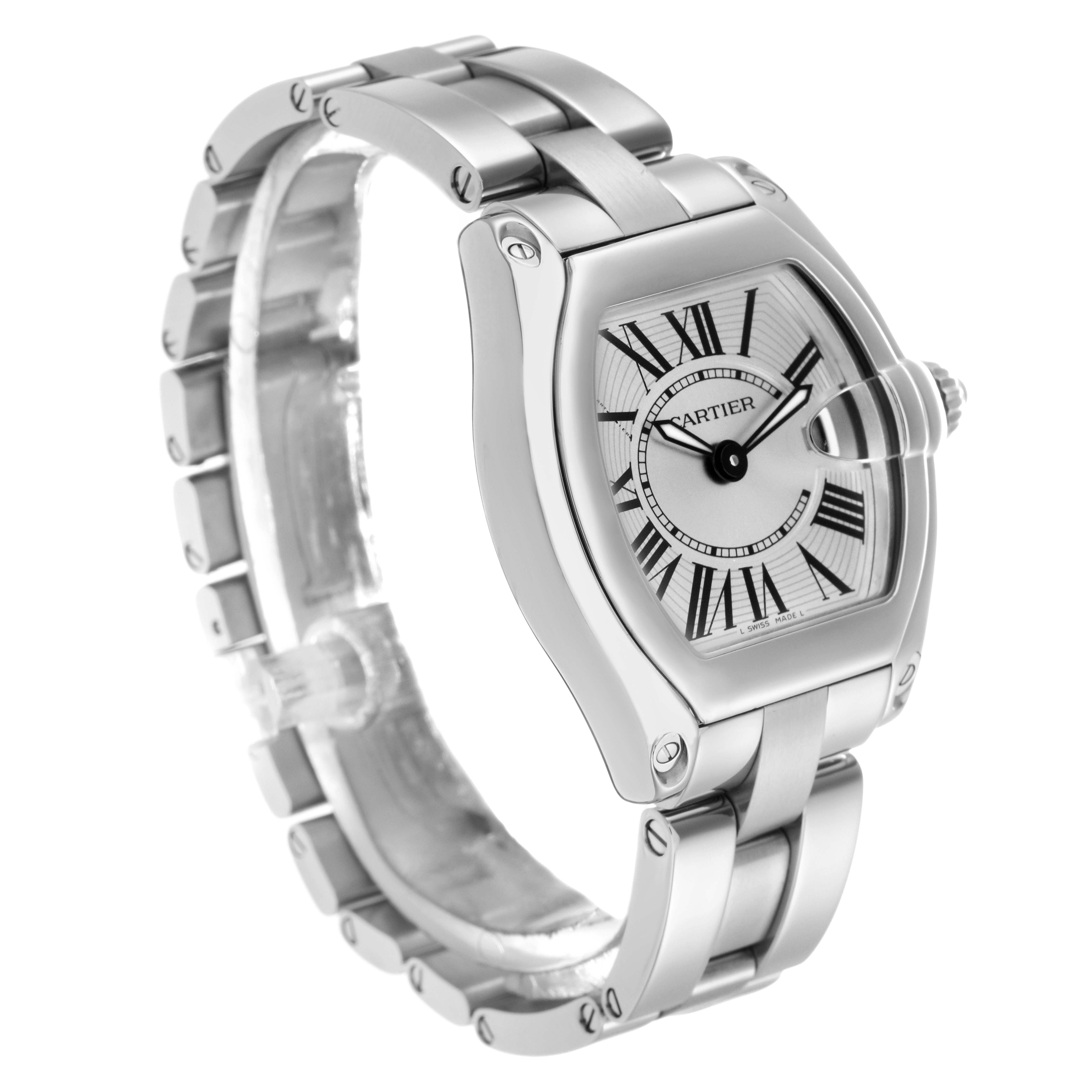 The Cartier Roadster W62016V3 Women
s Stainless Steel Silver Dial W62016V3 Women
s Stainless Steel Silver Dial watch is shown at an angle highlighting the face, band, and unique crown, with visible Roman numerals.