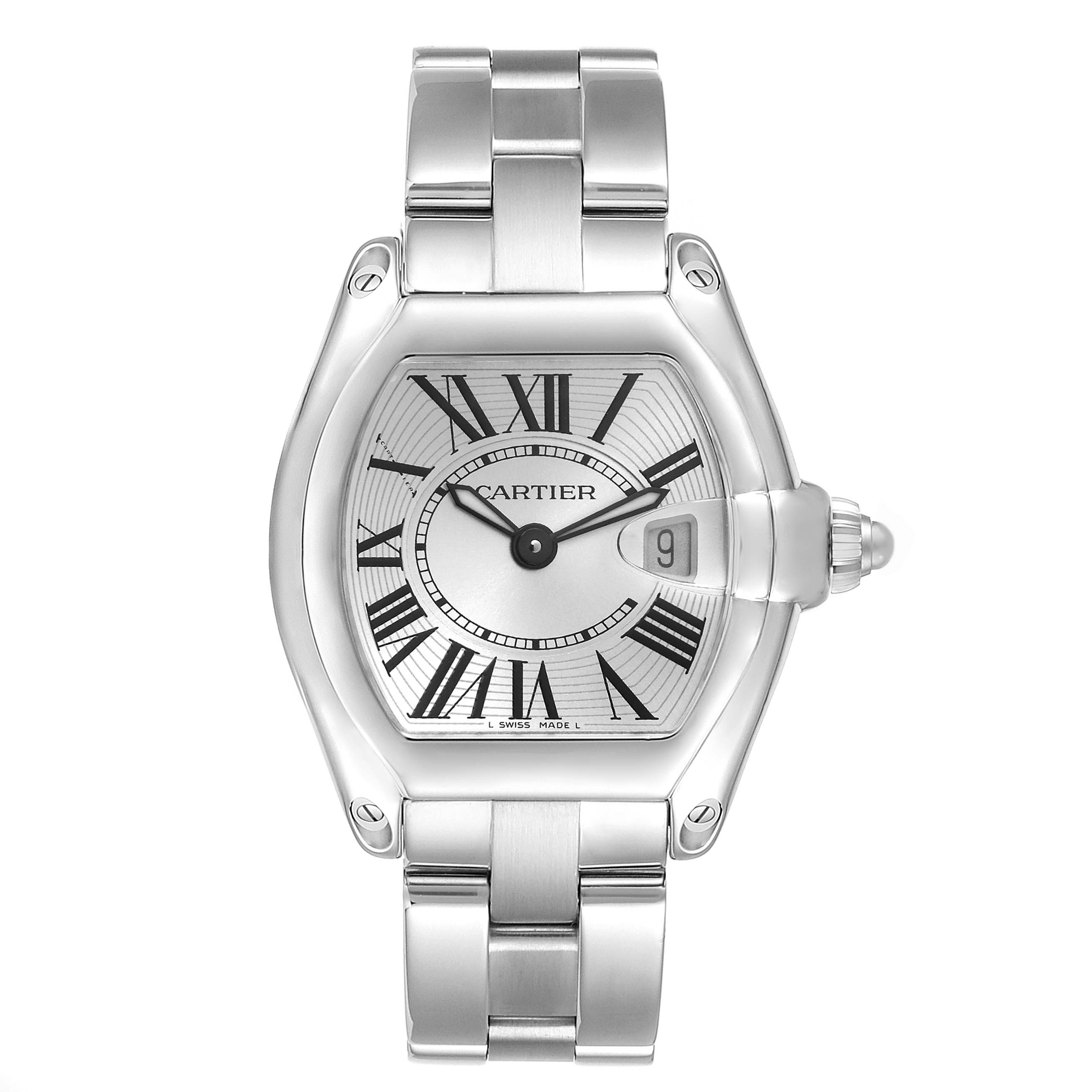The Cartier Roadster W62016V3 Women
s Stainless Steel Silver Dial W62016V3 Women
s Stainless Steel Silver Dial watch is shown from a front angle, highlighting the dial, case, and metal bracelet.