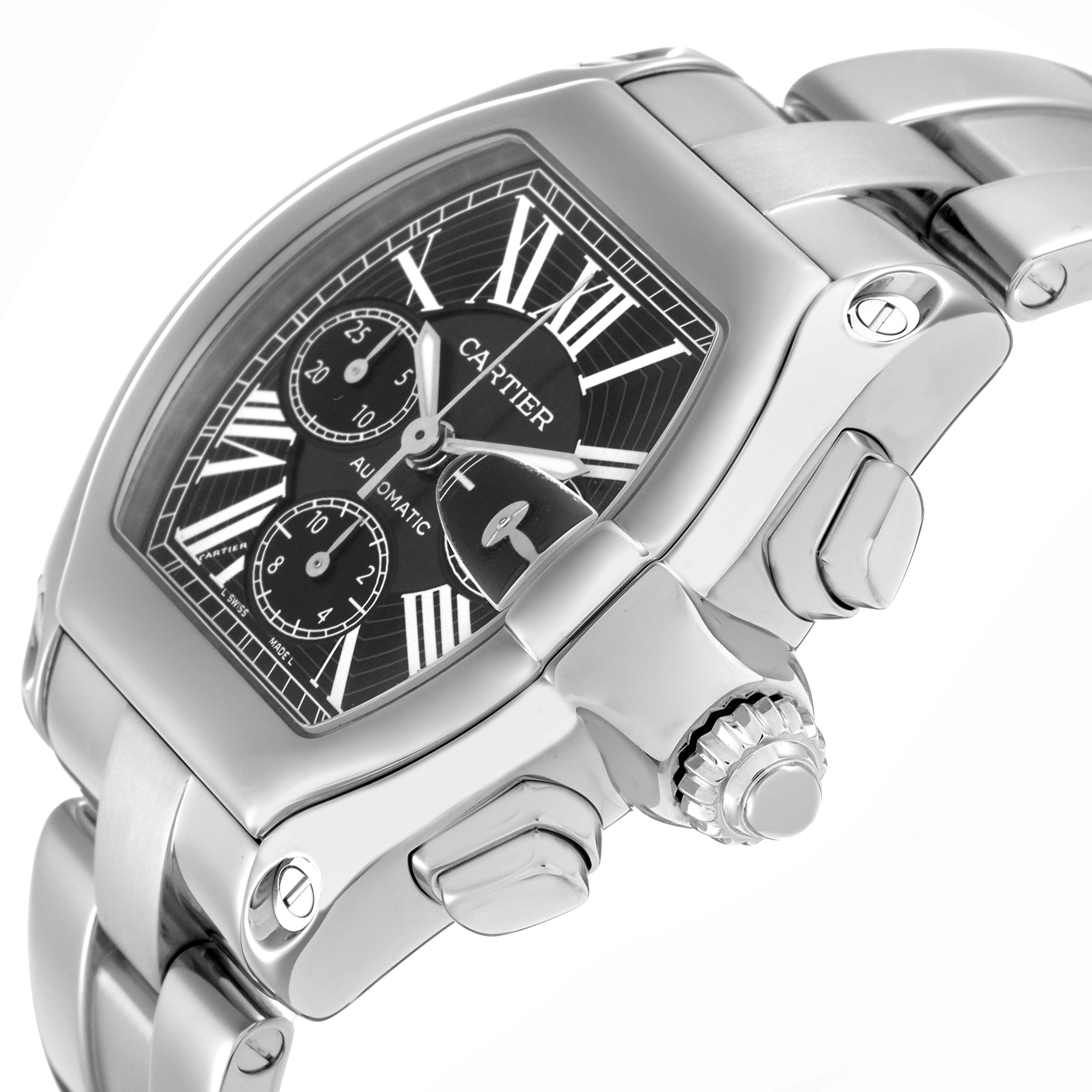 The Cartier Roadster W62020X6 Men
s Stainless Steel Black Dial W62020X6 Men
s Stainless Steel Black Dial watch is shown at an angled close-up, featuring its dials, crown, and partially visible bracelet.