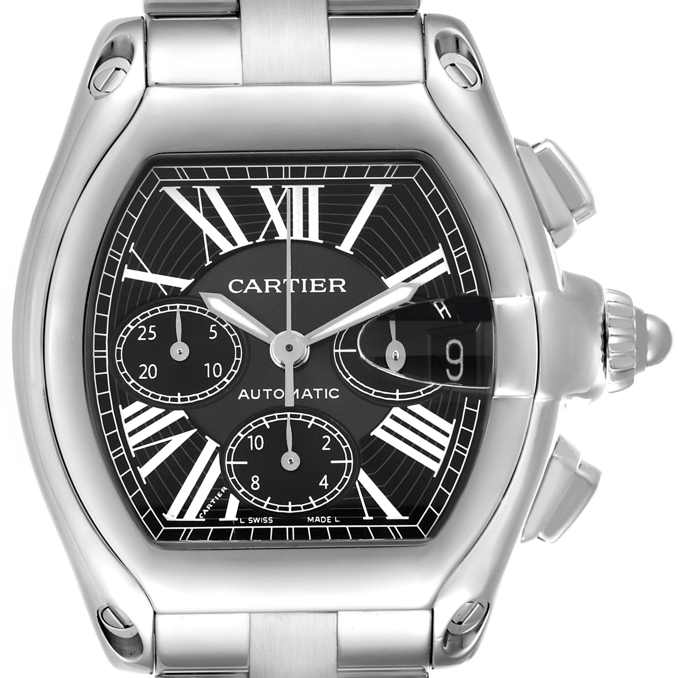 The Cartier Roadster W62020X6 Men
s Stainless Steel Black Dial W62020X6 Men
s Stainless Steel Black Dial watch is shown from a front angle, featuring its face, crown, and part of the bracelet.