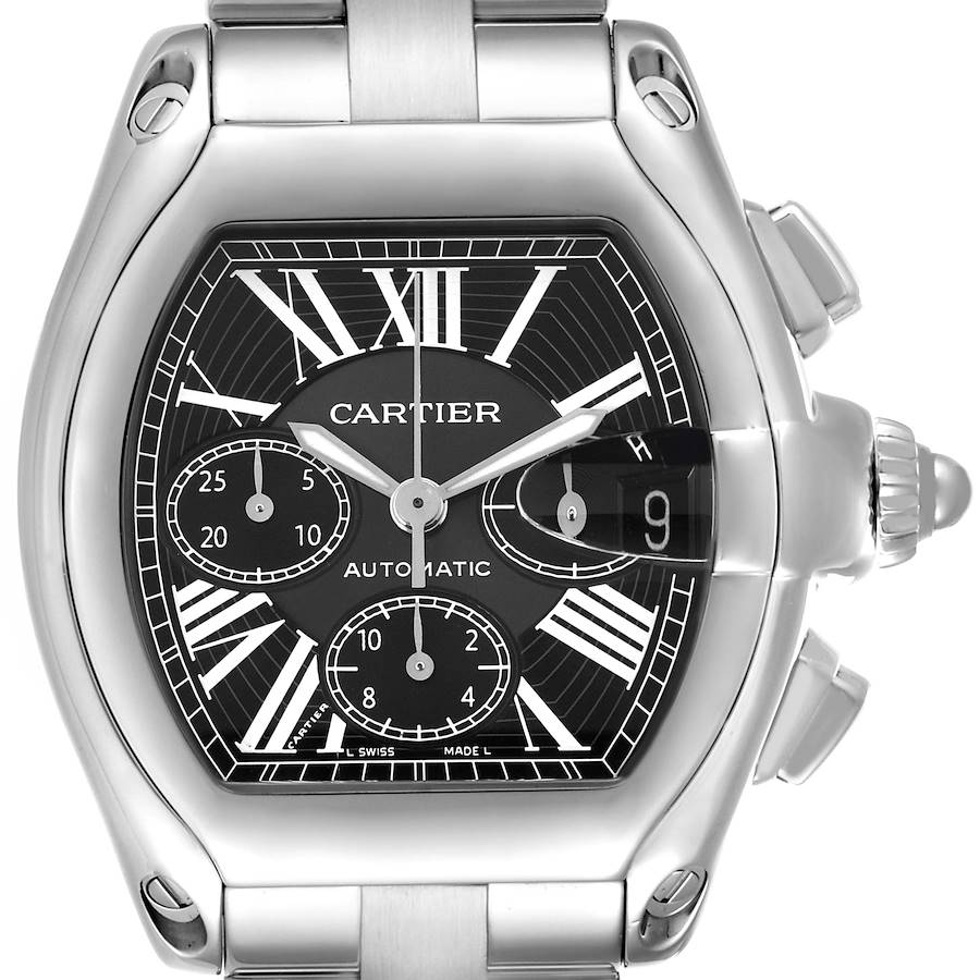 The Cartier Roadster watch is shown from a front angle, featuring its face, crown, and part of the bracelet.