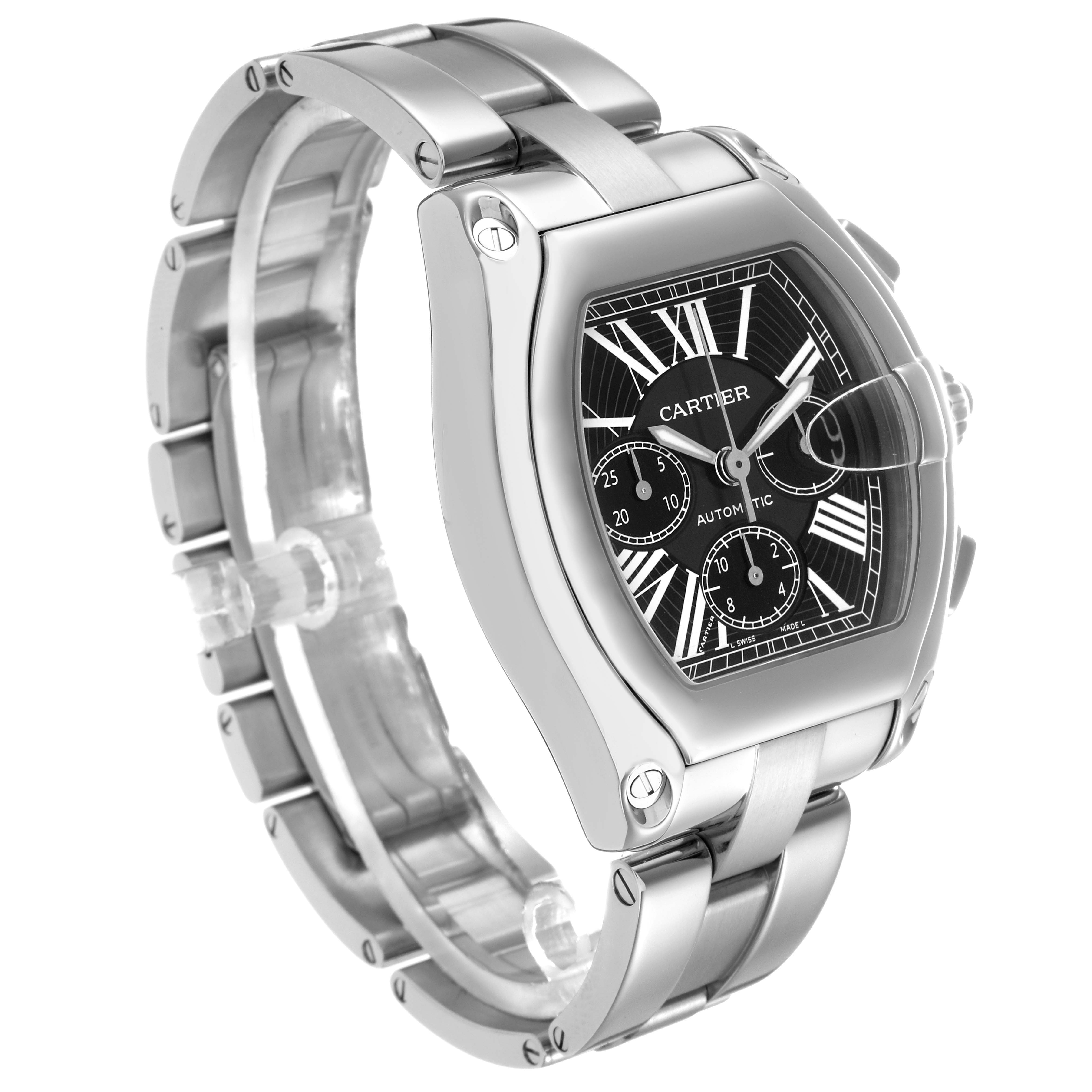 The Cartier Roadster W62020X6 Men
s Stainless Steel Black Dial W62020X6 Men
s Stainless Steel Black Dial watch is shown at a three-quarter angle, highlighting its face, case, and bracelet.