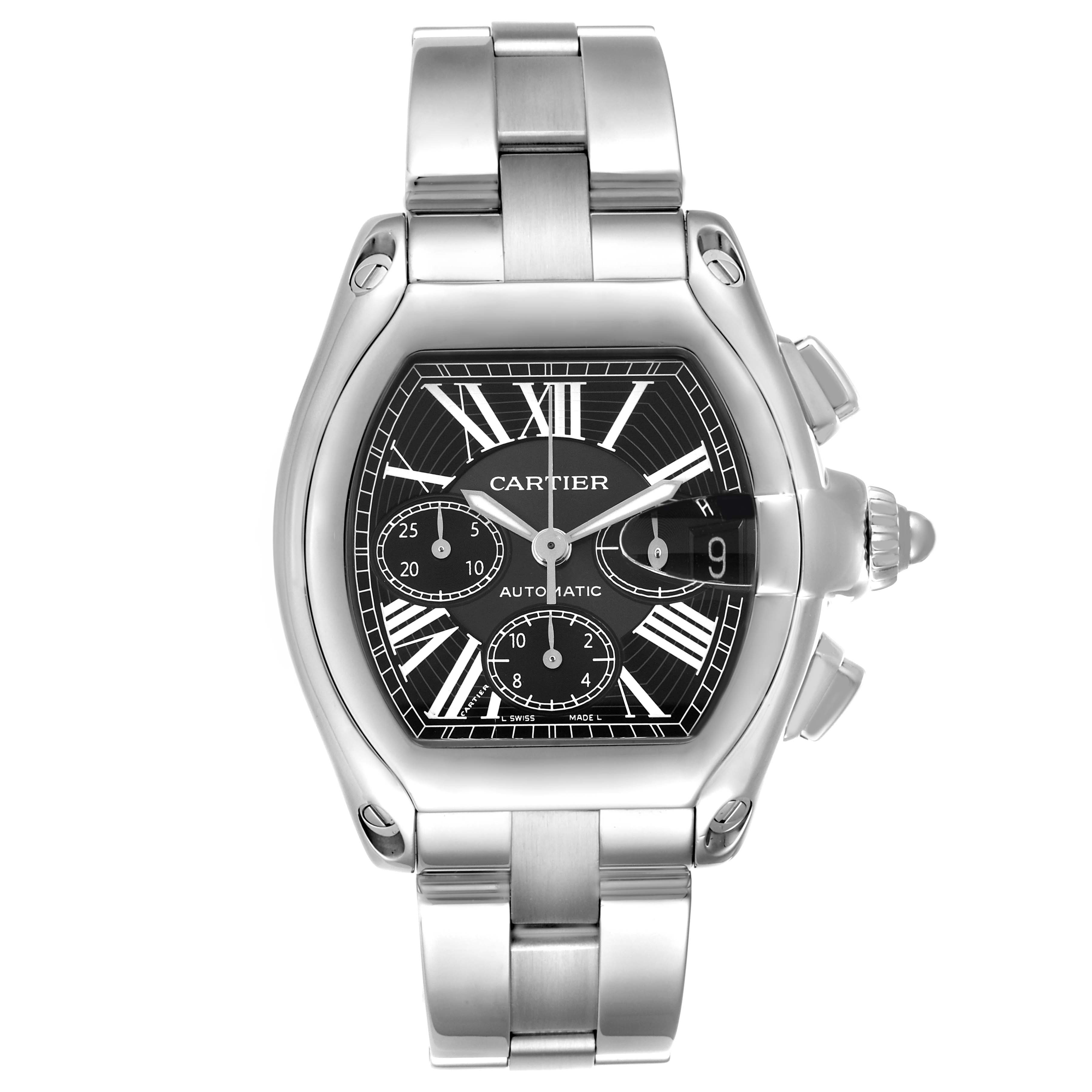 The Cartier Roadster W62020X6 Men
s Stainless Steel Black Dial W62020X6 Men
s Stainless Steel Black Dial watch is shown from a front angle, highlighting the dial, crown, and stainless steel bracelet.