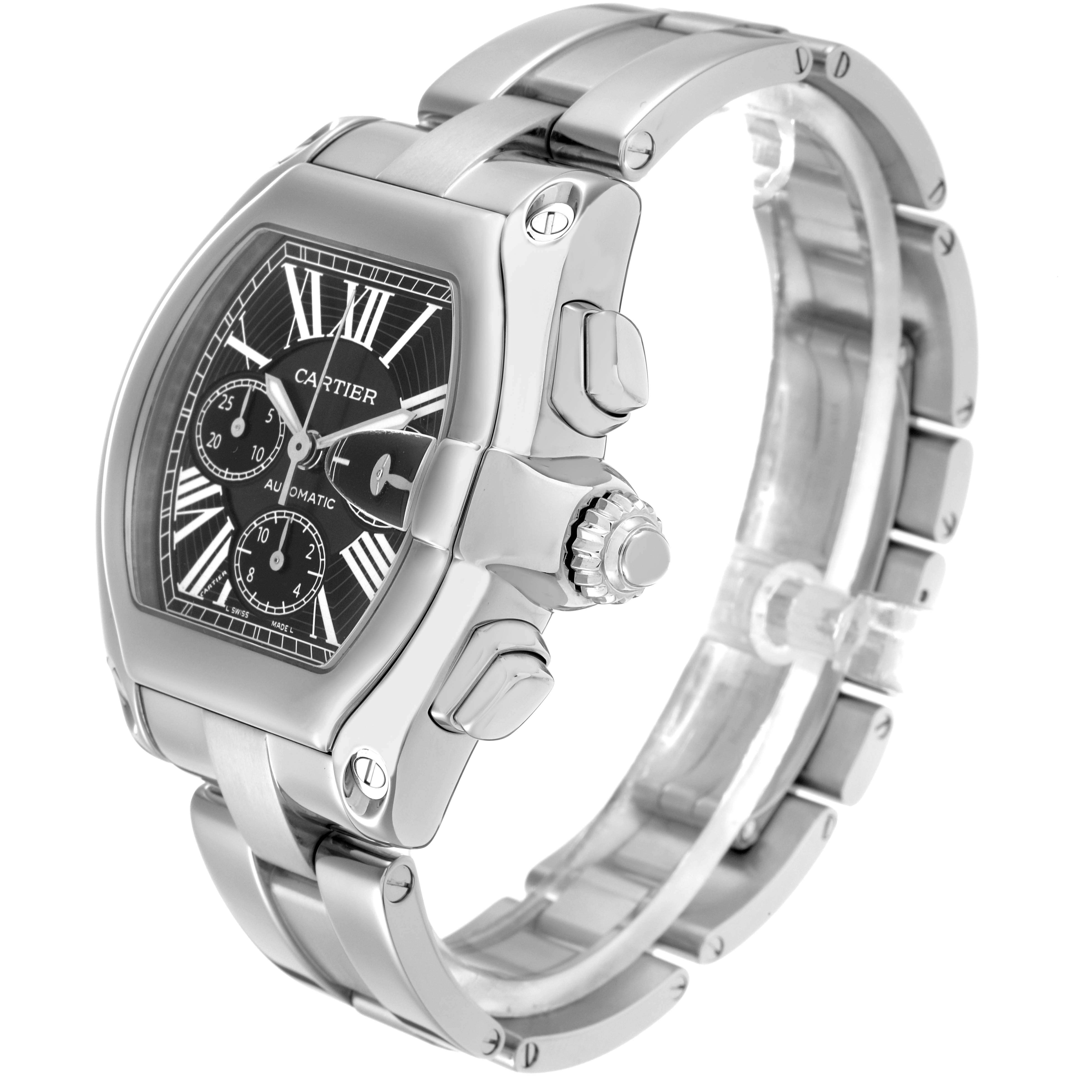 The Cartier Roadster W62020X6 Men
s Stainless Steel Black Dial W62020X6 Men
s Stainless Steel Black Dial watch is shown at an angle highlighting the case, bezel, crown, dial, and bracelet.