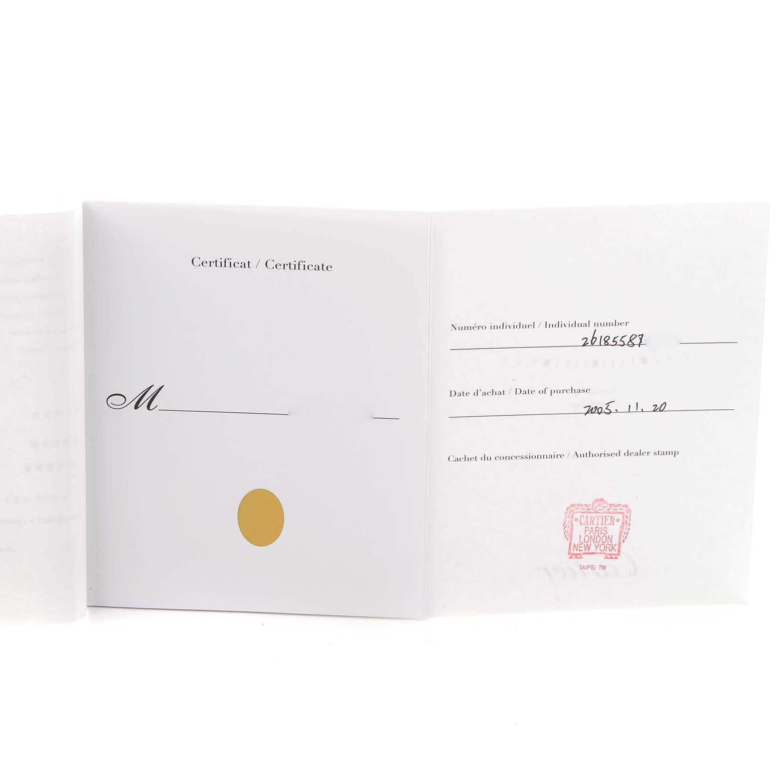 The image shows an open warranty certificate for the Cartier Roadster W62020X6 Men
s Stainless Steel Black Dial W62020X6 Men
s Stainless Steel Black Dial model.