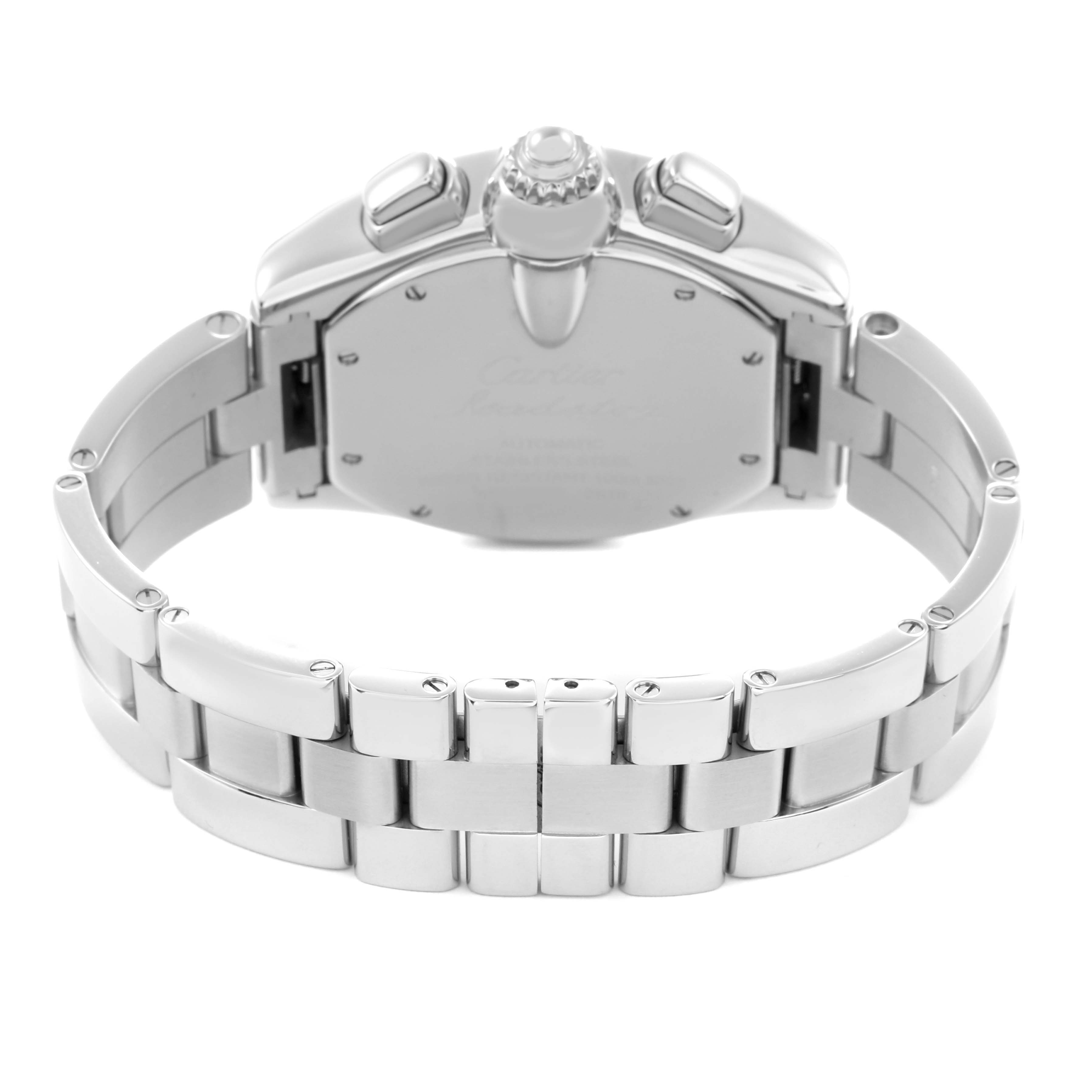 The image shows the back view of the Cartier Roadster W62020X6 Men
s Stainless Steel Black Dial W62020X6 Men
s Stainless Steel Black Dial watch, highlighting the clasp and bracelet links.