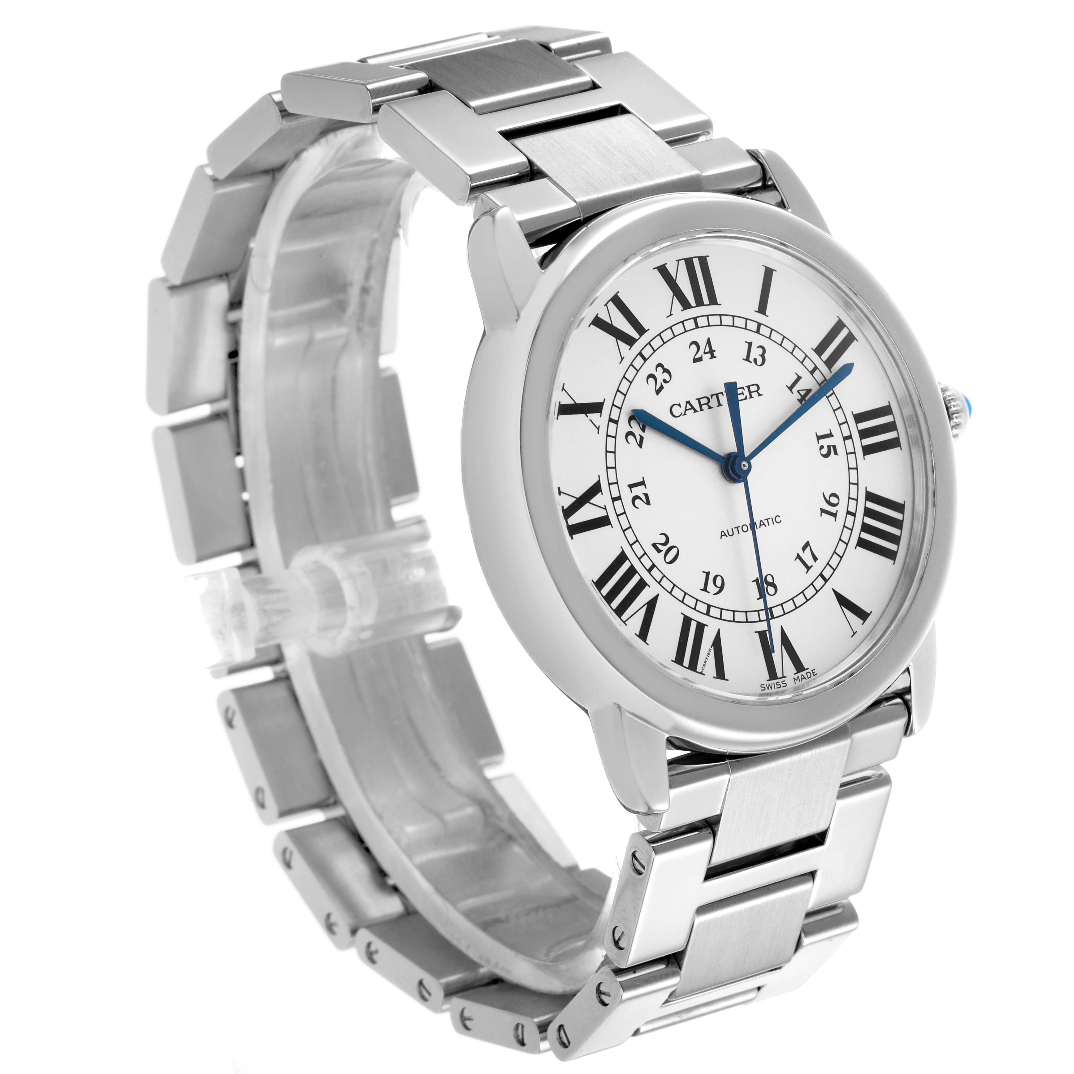 The Cartier Ronde WSRN0012 Men's Stainless Steel Silver Dial watch is shown at a three-quarter angle, highlighting its face, Roman numerals, and metal bracelet.