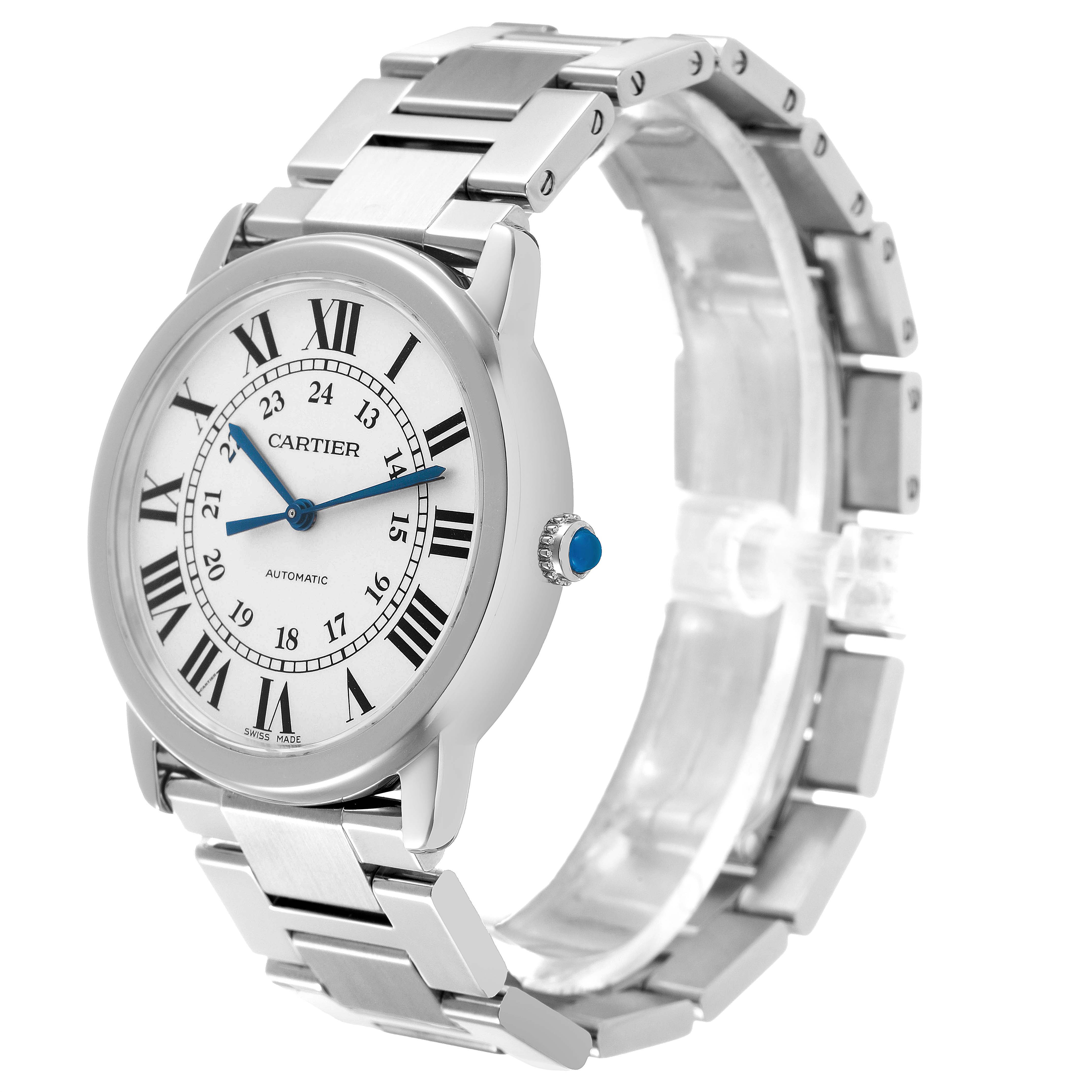 The Cartier Ronde WSRN0012 Men's Stainless Steel Silver Dial watch is shown from the front-right angle, displaying the face, bezel, and bracelet.