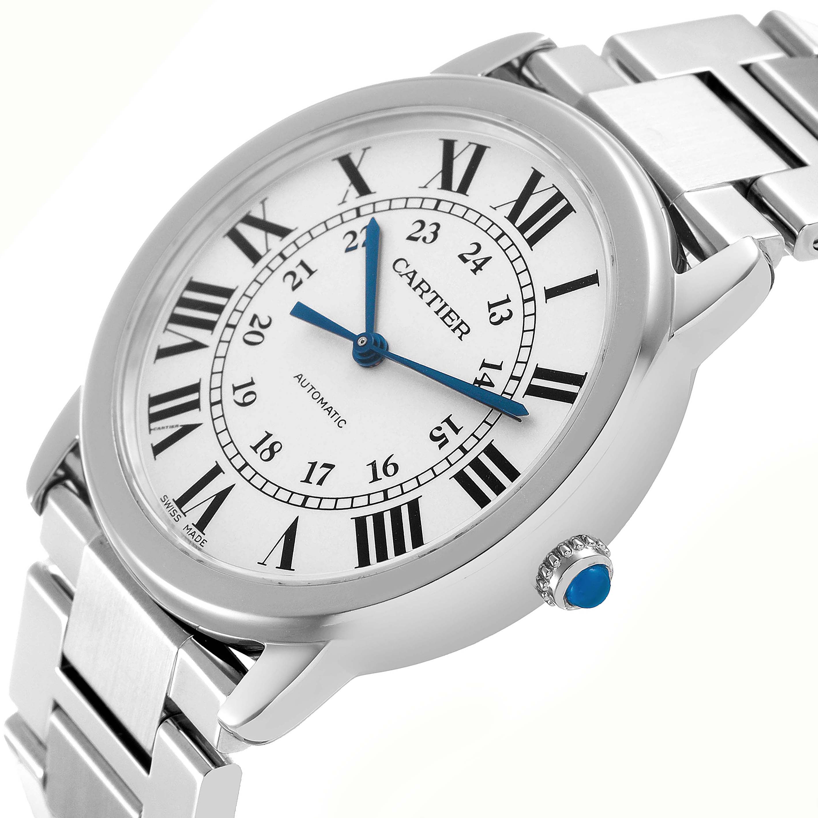 The Cartier Ronde WSRN0012 Men's Stainless Steel Silver Dial watch is shown at a slight angle, featuring its face, blue hands, Roman numerals, and metal bracelet with crown detail.