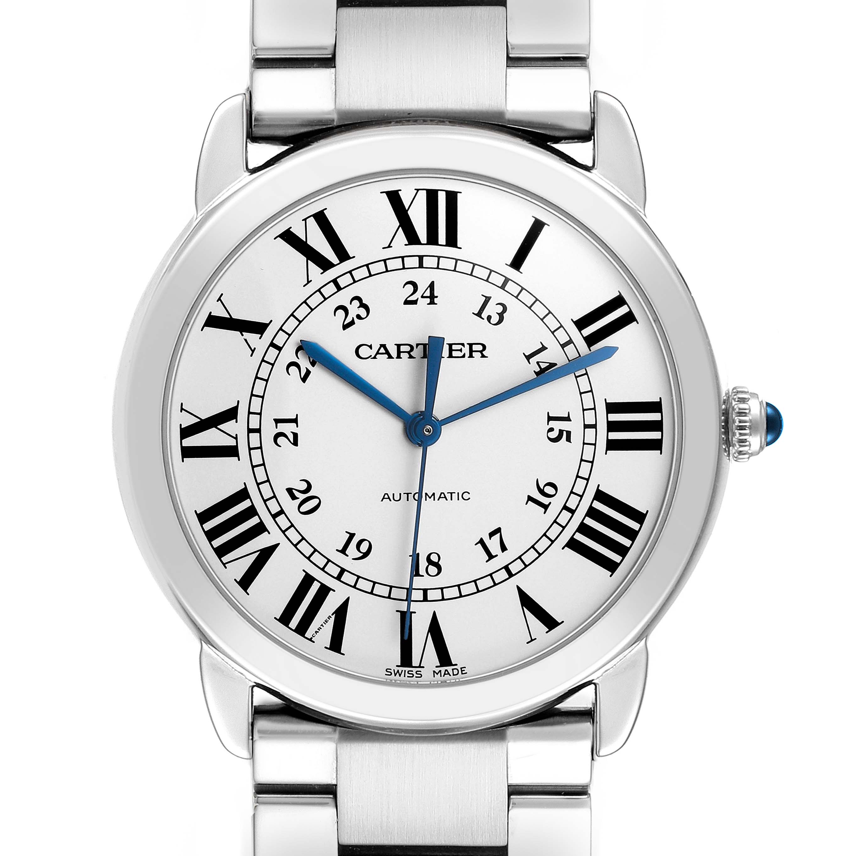 The image shows a front view of the Cartier Ronde WSRN0012 Men's Stainless Steel Silver Dial watch, displaying its dial, hands, and part of the bracelet.