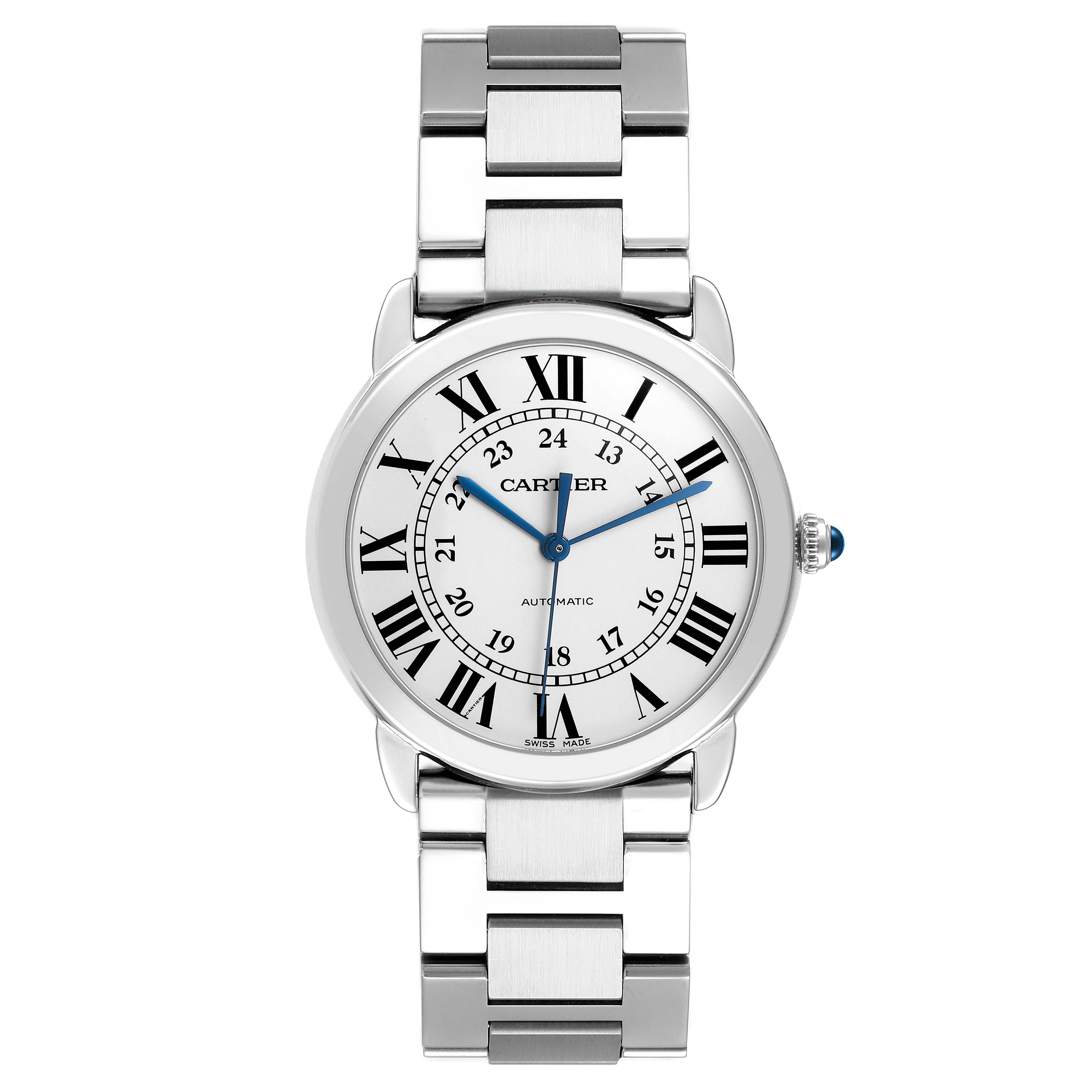 The Cartier Ronde WSRN0012 Men's Stainless Steel Silver Dial watch is shown from the front, displaying the face, Roman numerals, and a metal bracelet.