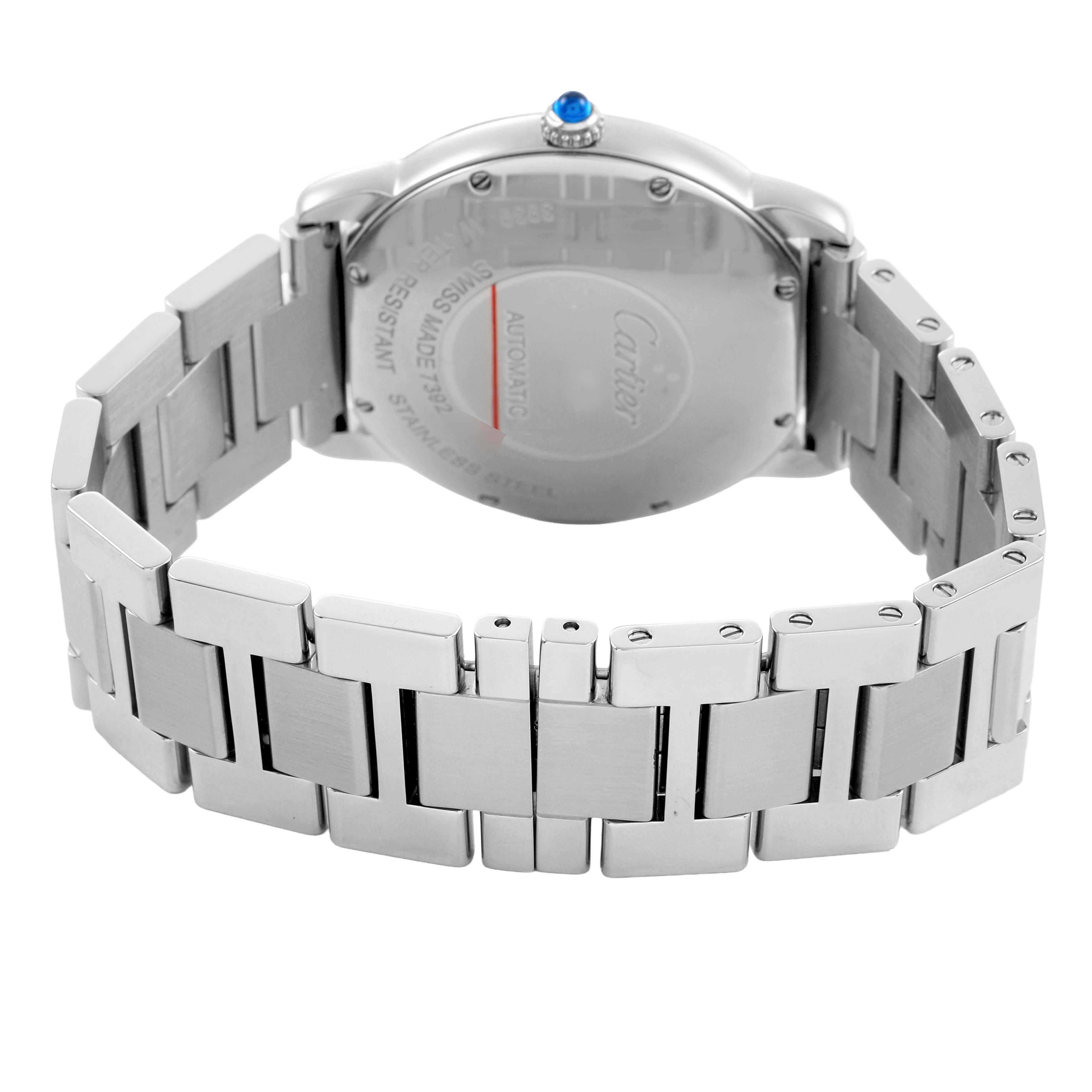 The image shows the back view of a Cartier Ronde WSRN0012 Men's Stainless Steel Silver Dial model watch, highlighting its stainless steel case, bracelet, and blue cabochon crown.