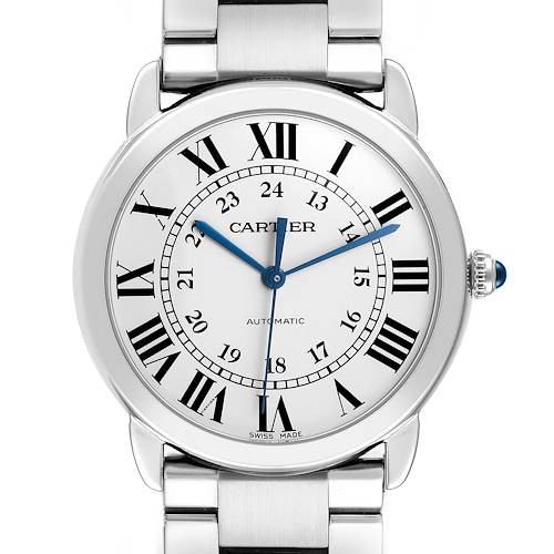 The Cartier Ronde WSRN0012 Men's Stainless Steel Silver Dial watch is shown from a front angle, displaying its dial, Roman numerals, and bracelet.