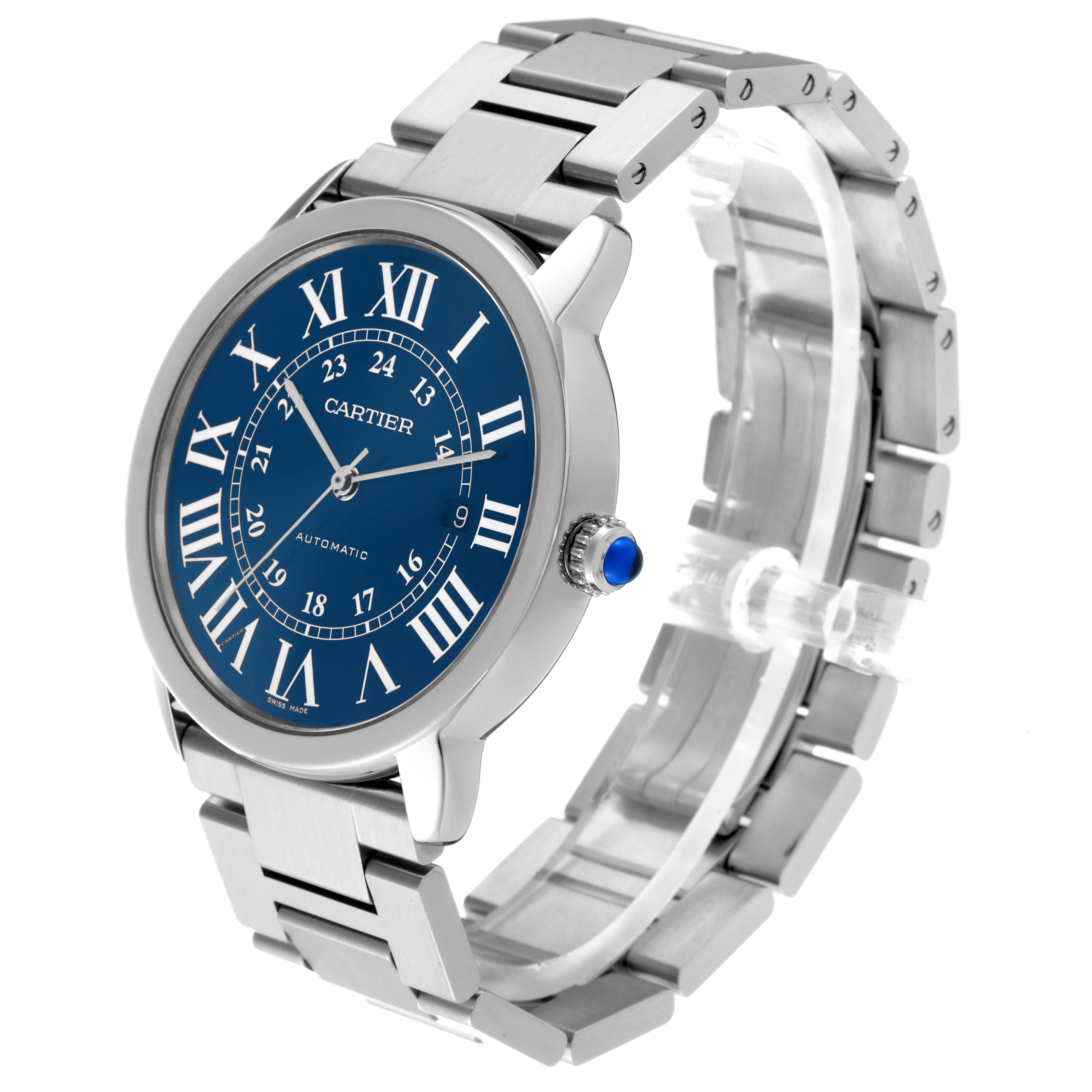 The Ronde model by Cartier is shown at an angle displaying its blue dial, roman numerals, sapphire crystal, and stainless steel bracelet.