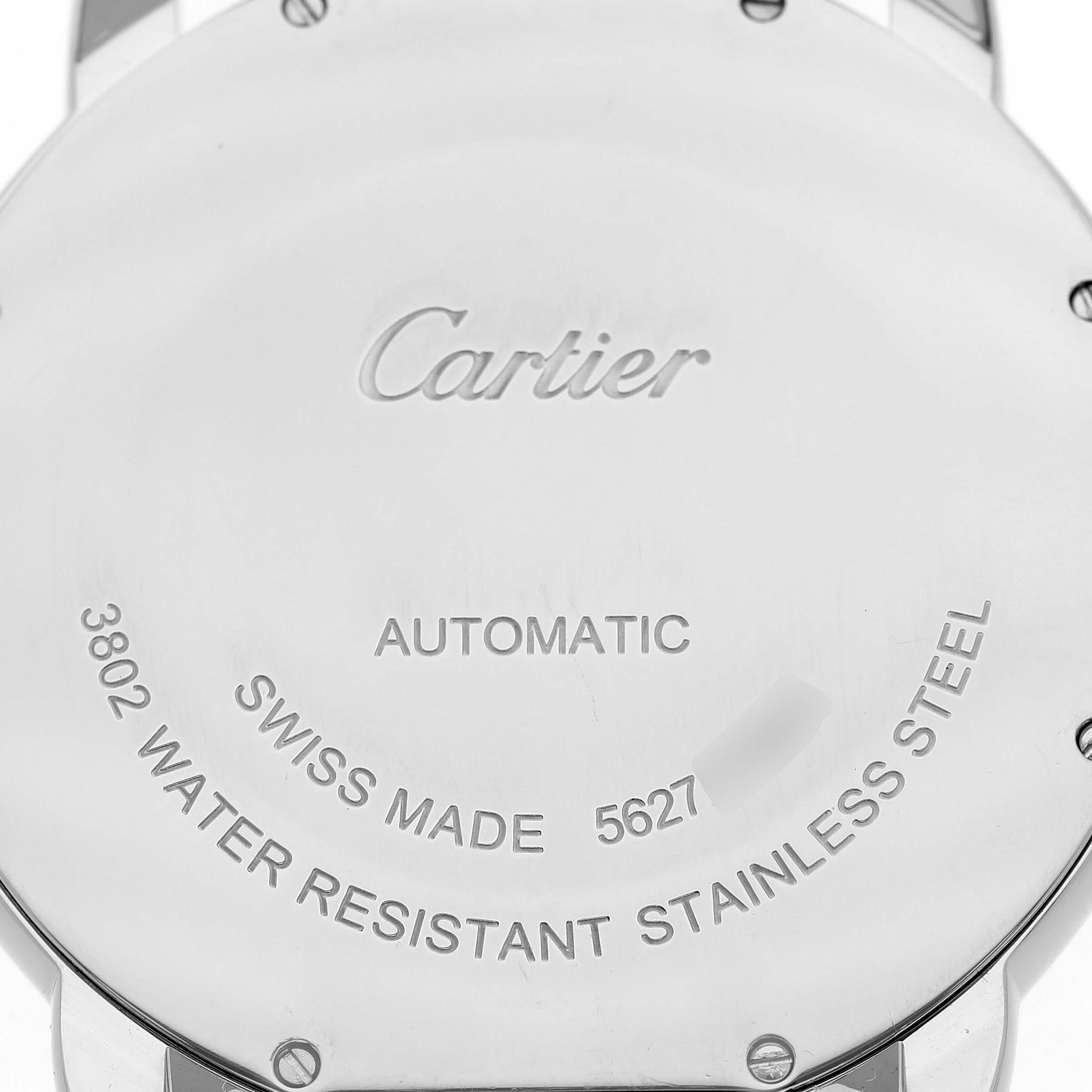This image shows the back case of a Cartier Ronde WSRN0023 Men's Stainless Steel Blue Dial WSRN0023 Men's Stainless Steel Blue Dial model watch, highlighting the brand engraving and water resistance details.