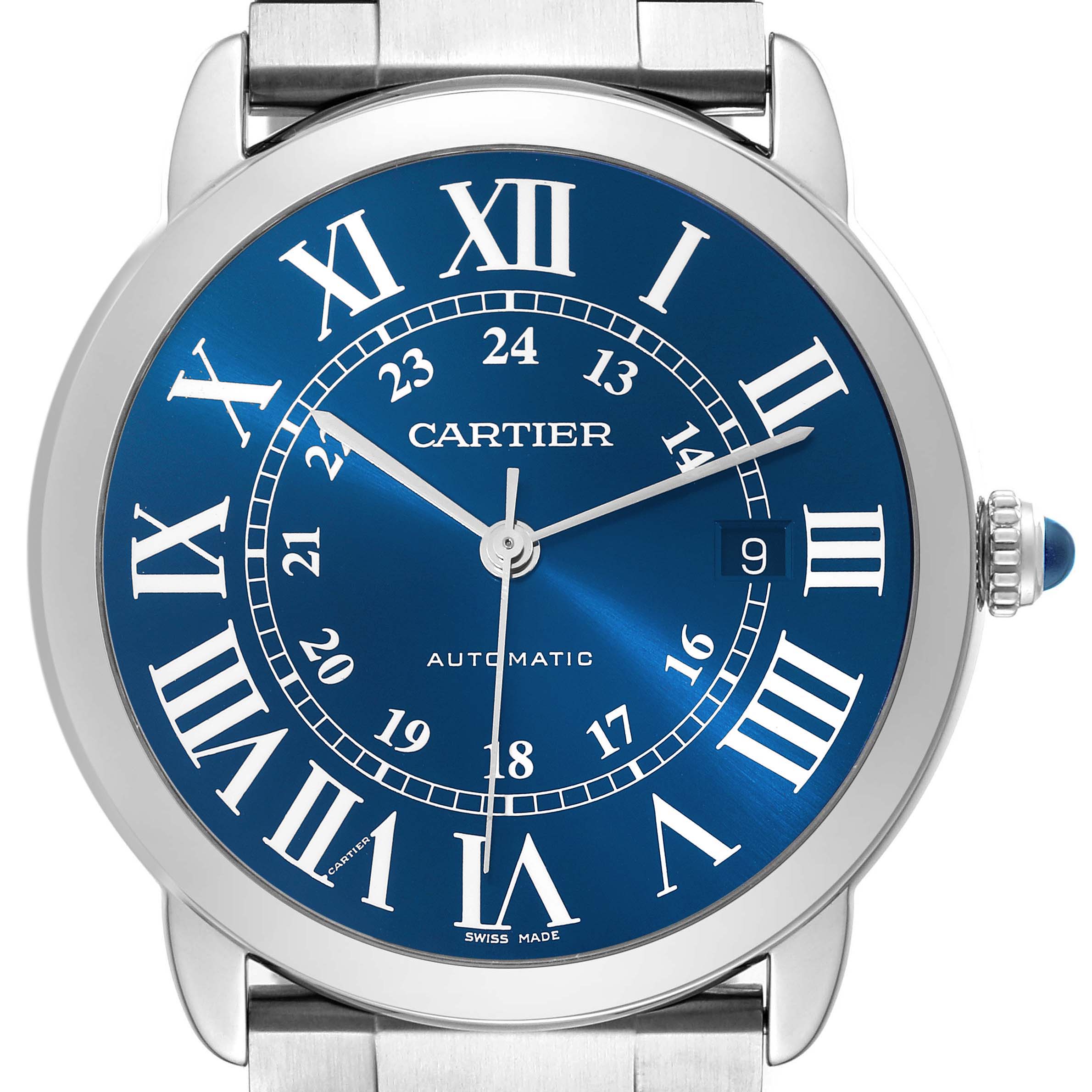 The image shows a front angle view of the Cartier Ronde WSRN0023 Men's Stainless Steel Blue Dial WSRN0023 Men's Stainless Steel Blue Dial model watch, highlighting its blue dial, Roman numerals, and steel case.