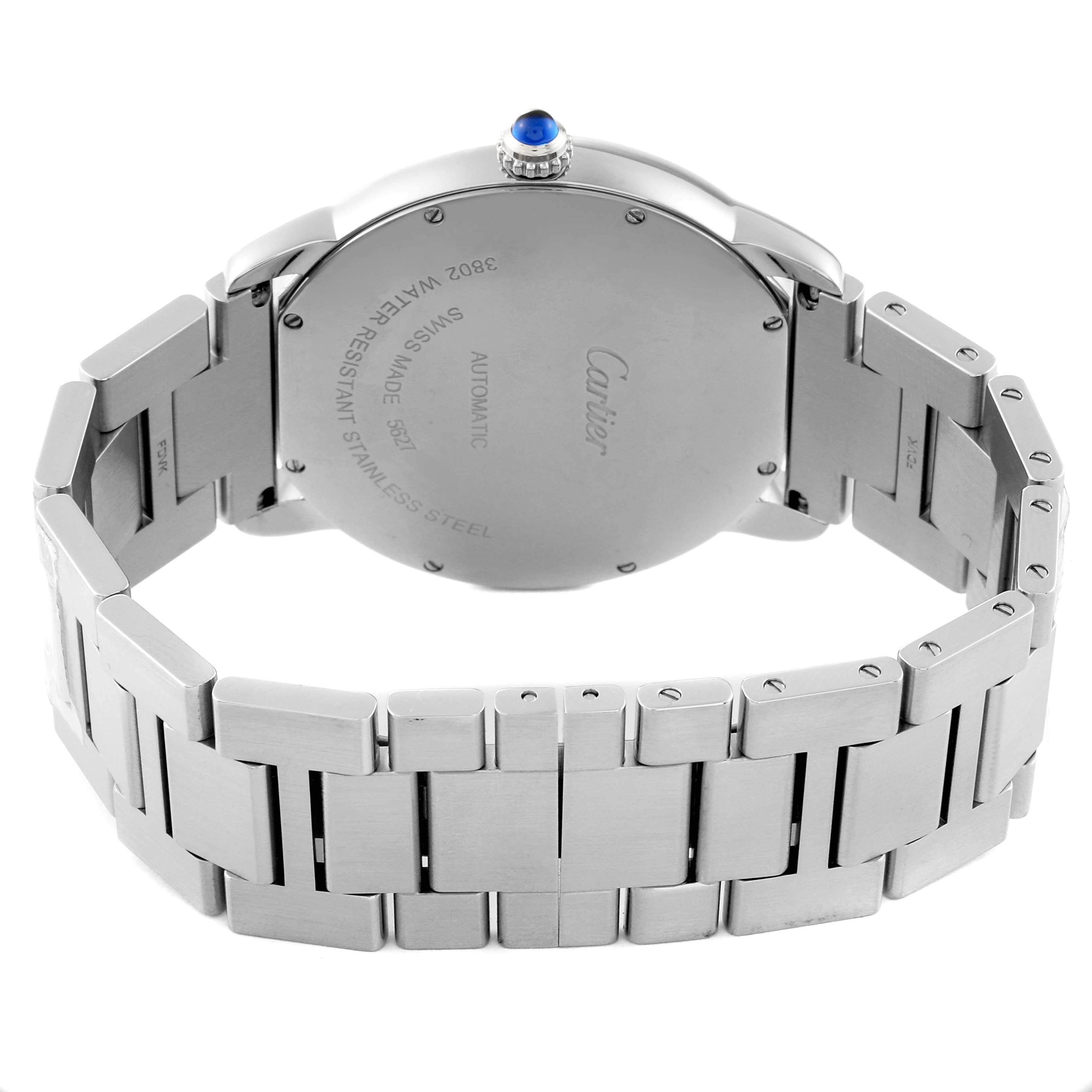The image displays the back and bracelet of a Cartier Ronde WSRN0023 Men's Stainless Steel Blue Dial WSRN0023 Men's Stainless Steel Blue Dial watch, highlighting the stainless steel band and caseback.